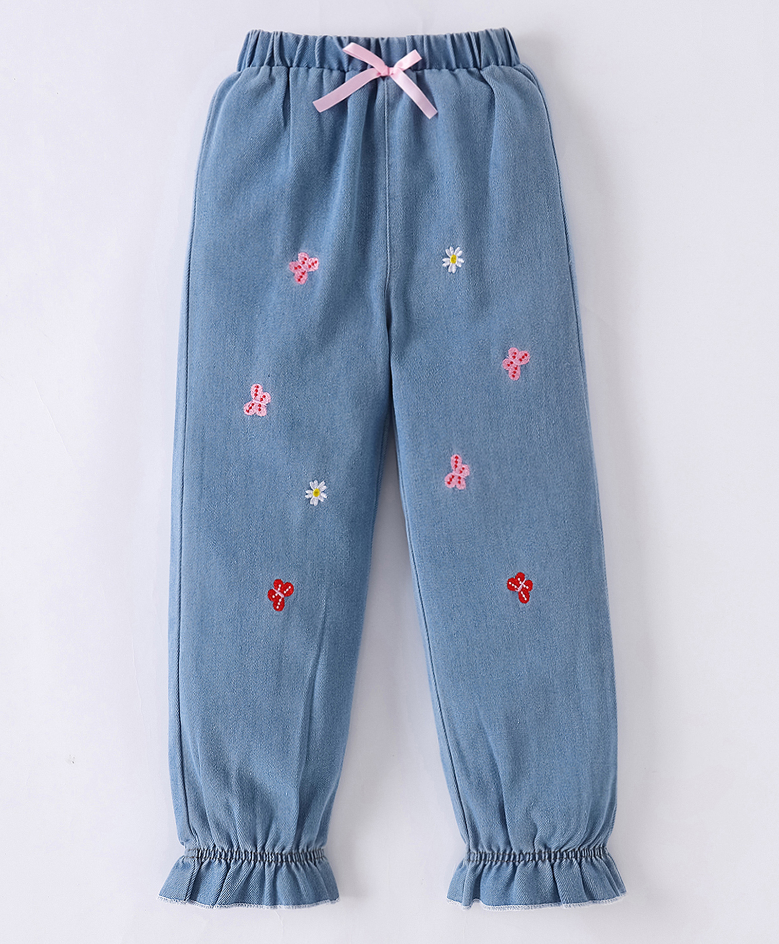 Mark & Mia Cotton Blend Full Length Washed Jeans with Floral & Butterfly Embroidery - Light Blue-picture-10