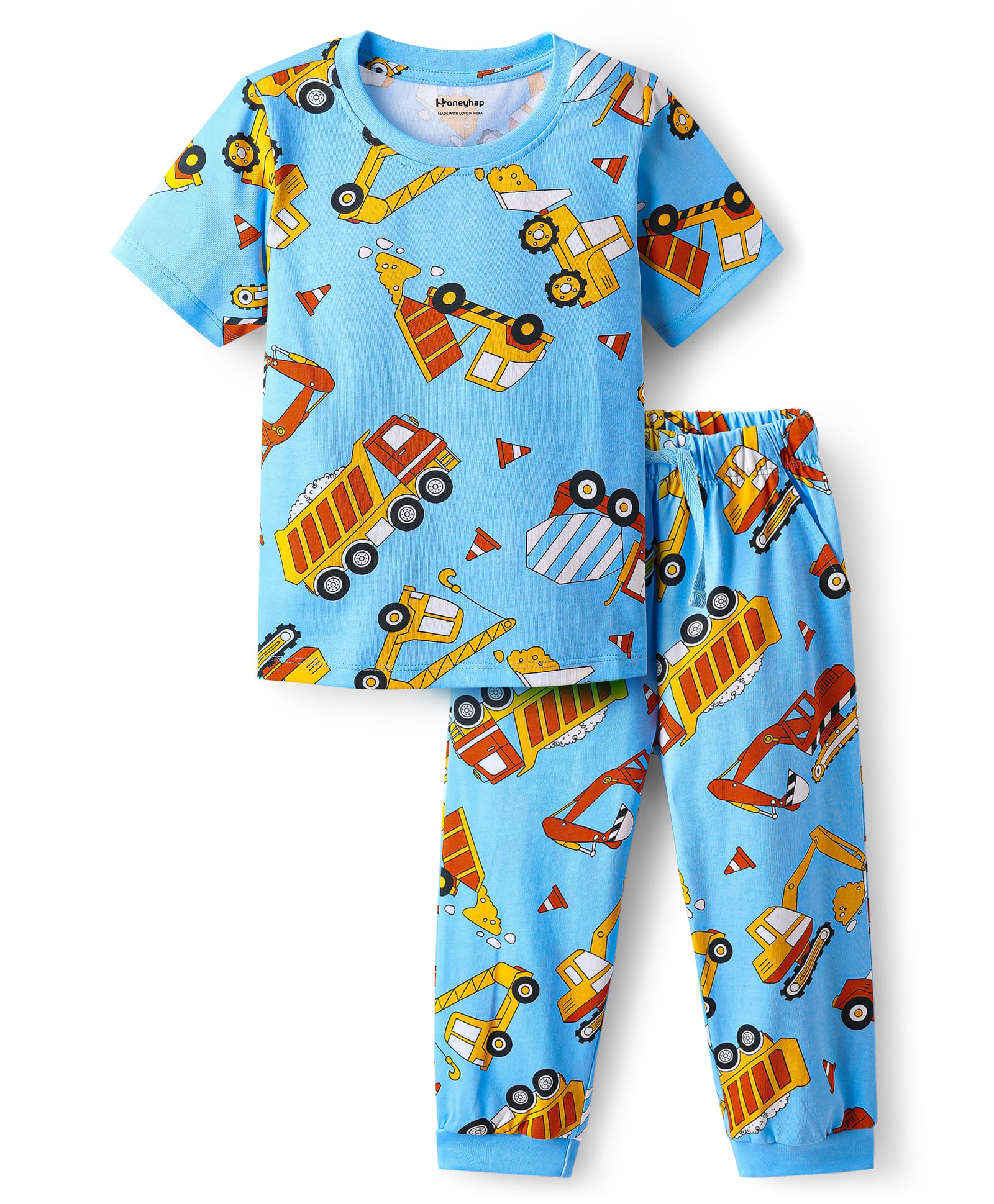 Honeyhap Premium 100% Cotton Knit With Bio Finish Half Sleeves Co-Ord Night Suit with Vehicle Print - Baltic Sea & Bright White-image-43