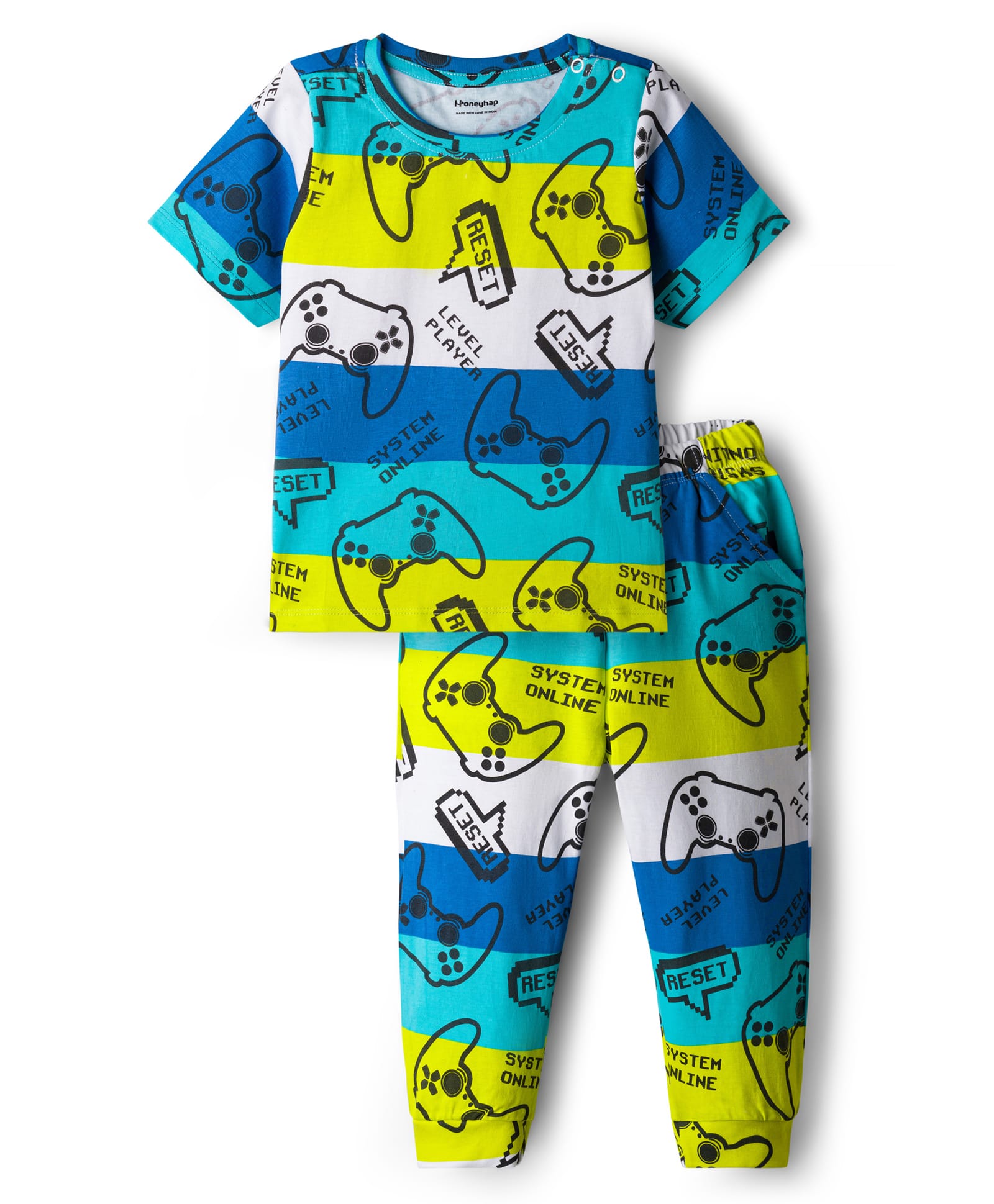 Honeyhap Premium 100% Cotton Knit Full Sleeves Co-ords Night Suit With Bio Finish & Text Print - Bright White-image-1