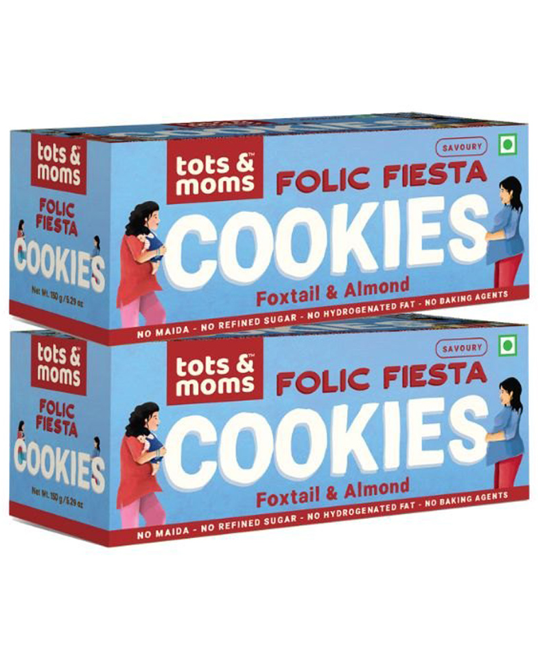 Tots & Moms Foods - Wholesome & Nutritious Folic Fiesta Cookies - Foxtail Millet & Almond Savory Cookies | Boost Pregnancy Nutrition | Millet & Jaggery Junk-free Snack - Pack of 2-150g each