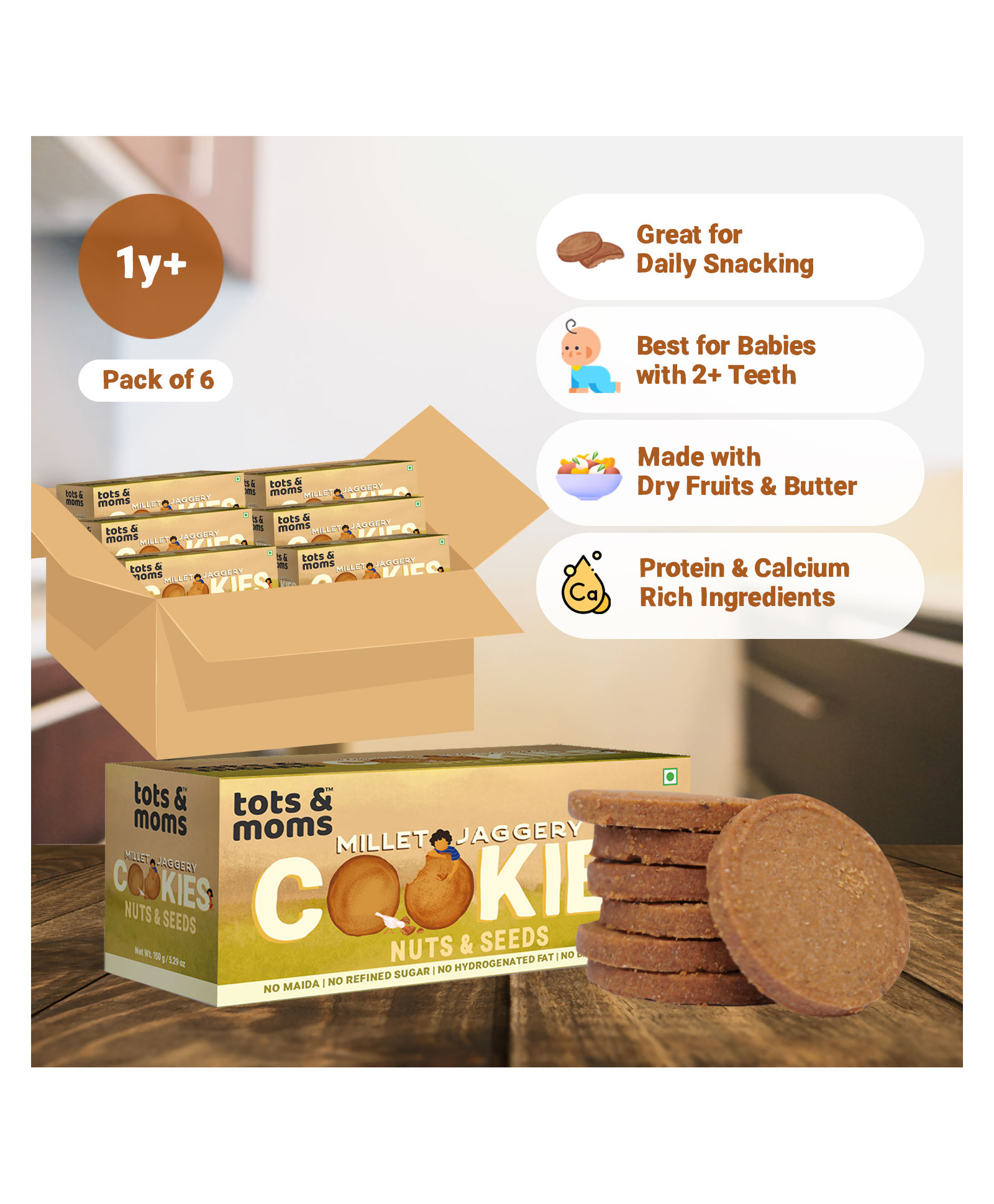Tots & Moms NO Maida NO Sugar - Nuts & Seeds Cookies | Millet & Jaggery Biscuits for Little Ones | Made with Multi Millets, Nuts, Seeds, Butter & Jaggery | No Raising Agents, No preservatives | Pack of 6 - 150g each-image-33