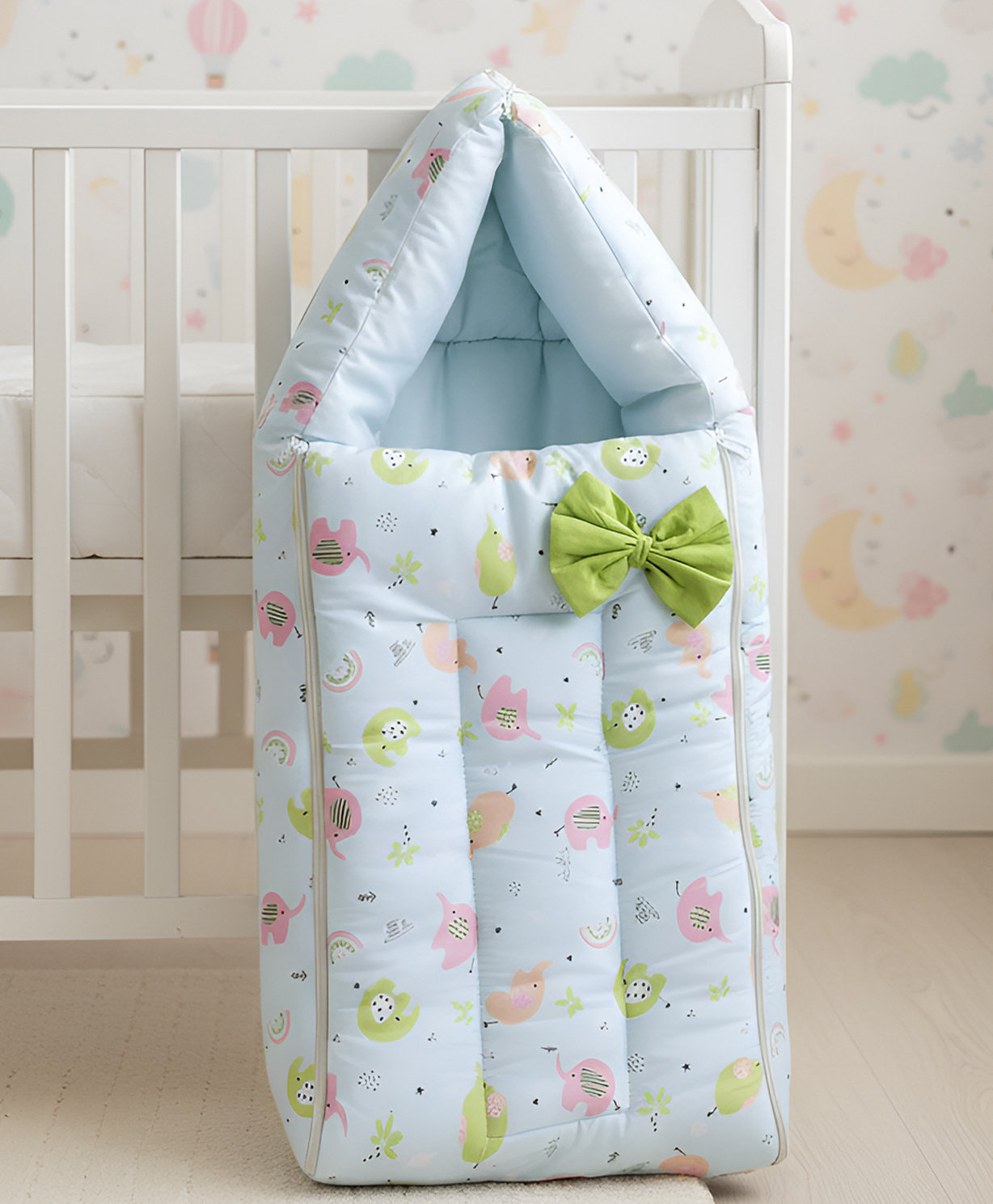 Polka Tots Baby Sleeping Nest Extra Soft Cushion Cotton Carry Pod Bedding for Newborn Sleeping Bag with a Bow -Elephant print Blue-image-22