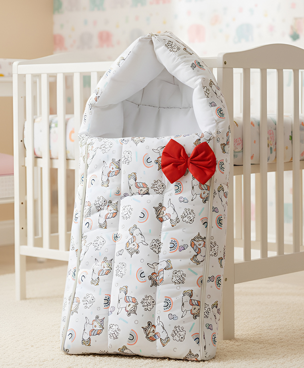 Polka Tots Unicorn Print Cotton Sateen With Bow Baby Sleeping Bag - White-image-16