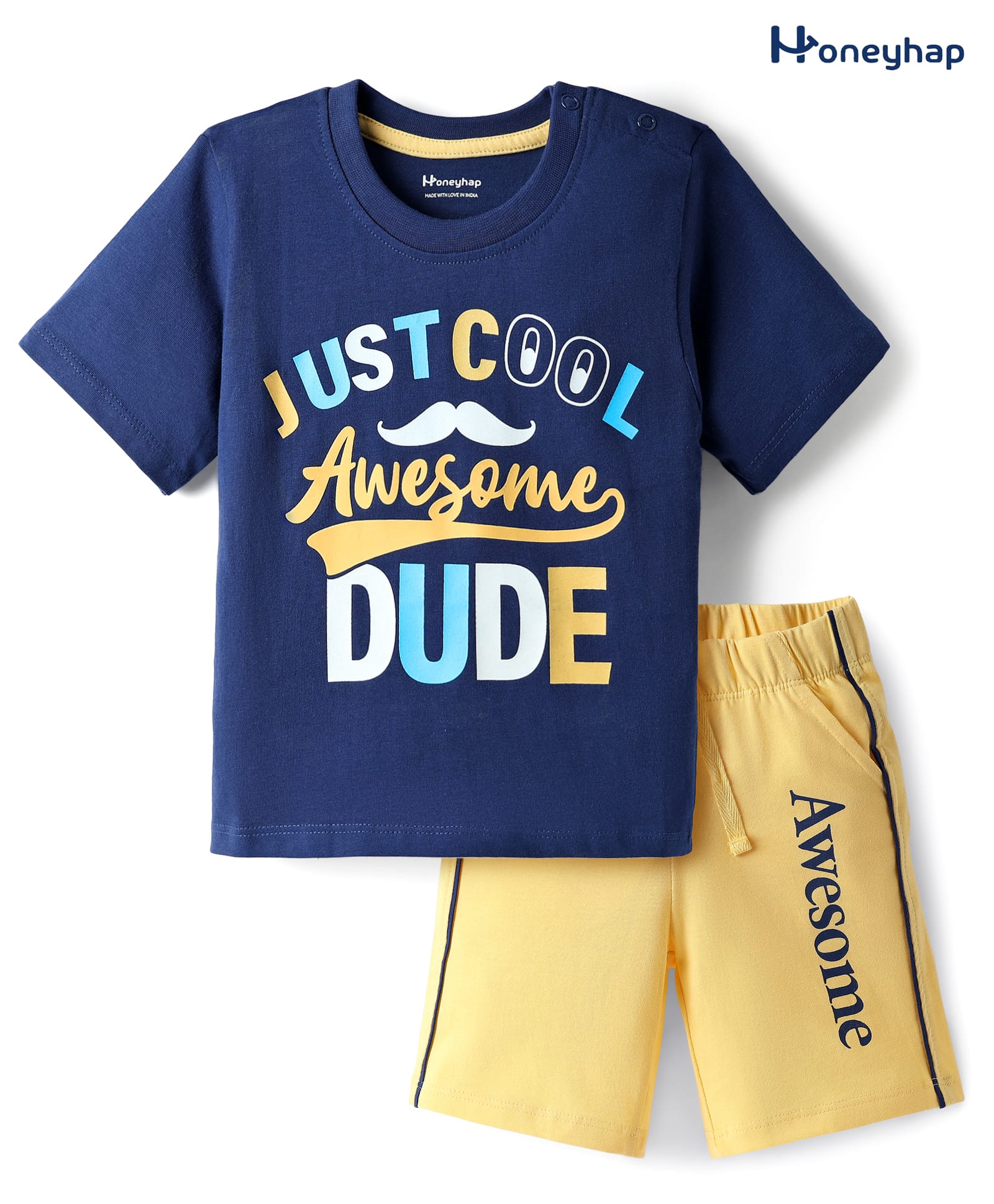 Honeyhap Premium 100% Cotton Knit Half Sleeves Shorts Night Suit with Bio Finish & Text Print - Navy Peony & Snap Dragon-image-2