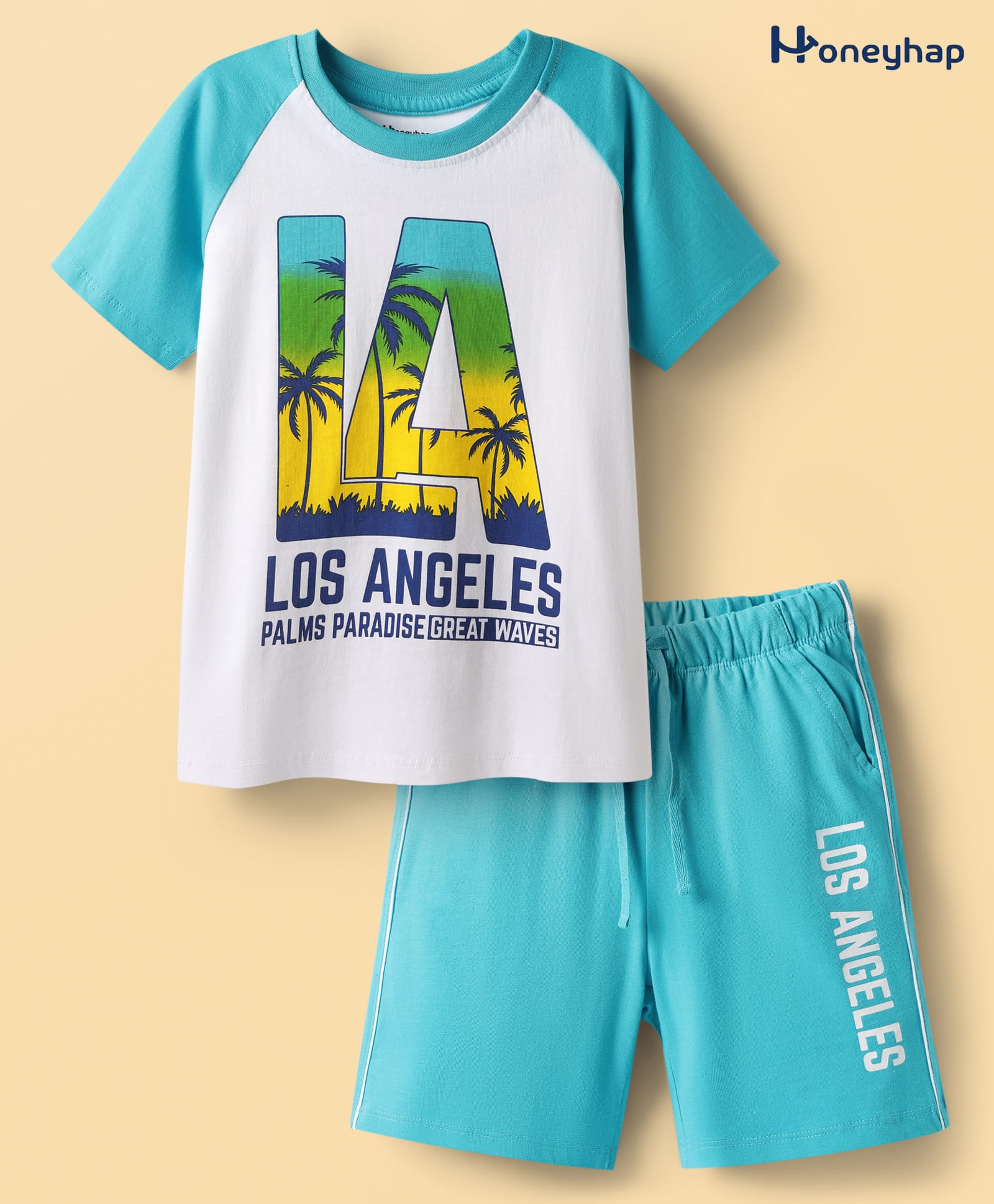 Honeyhap Premium100% Cotton Bio Finish Knit Half Raglan Sleeves Shorts Nightsuit With Los Angeles Text Print - Bright White & Scuba Blue-image-25