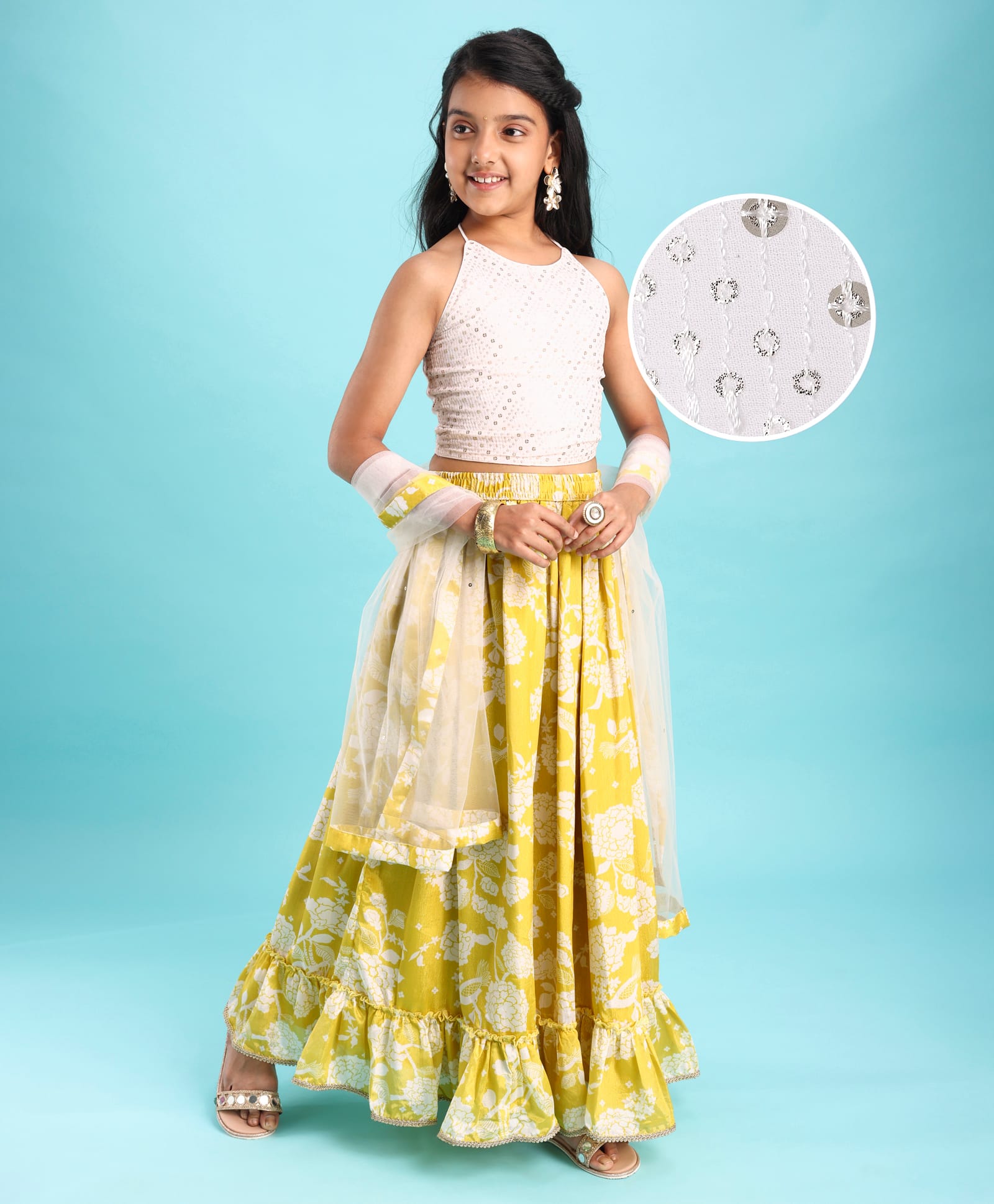Pine Kids Woven Sleeveless Sequins Detailing Choli with Floral Printed Lehenga & Dupatta Set - Mustard & White-image-3