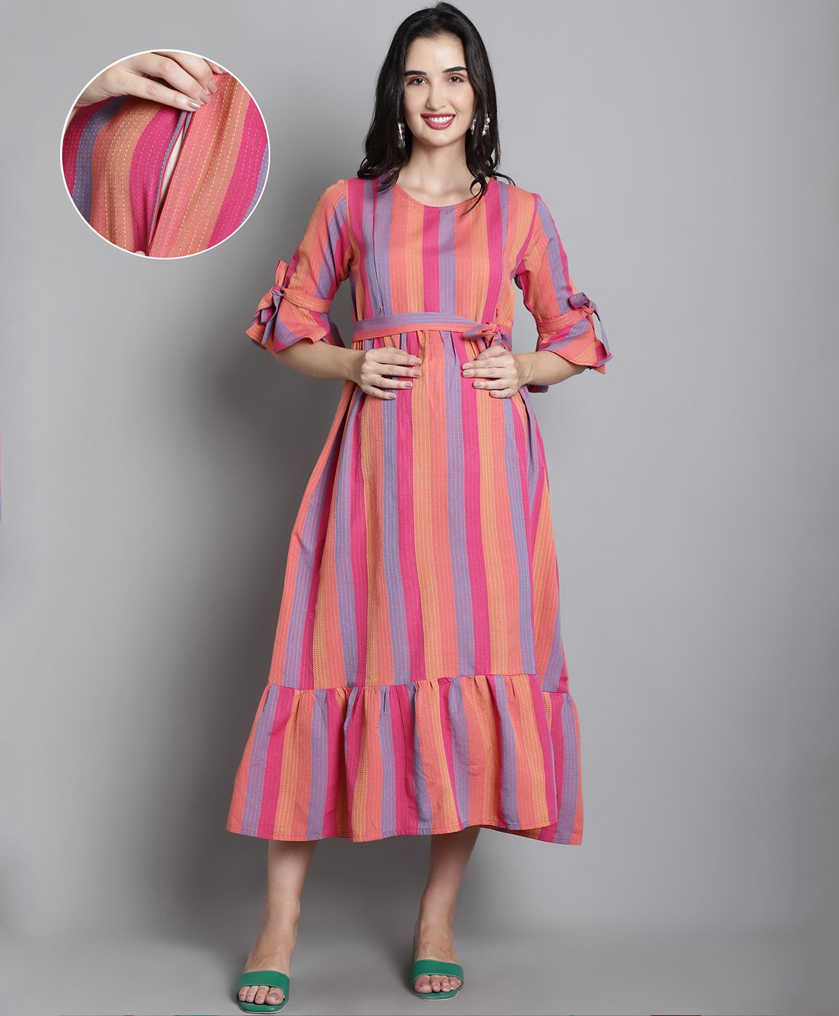 Moms Maternity Cotton Half Bell Sleeves Striped Maternity Maxi Dress With Zipper Nursing Access - Pink-image-25