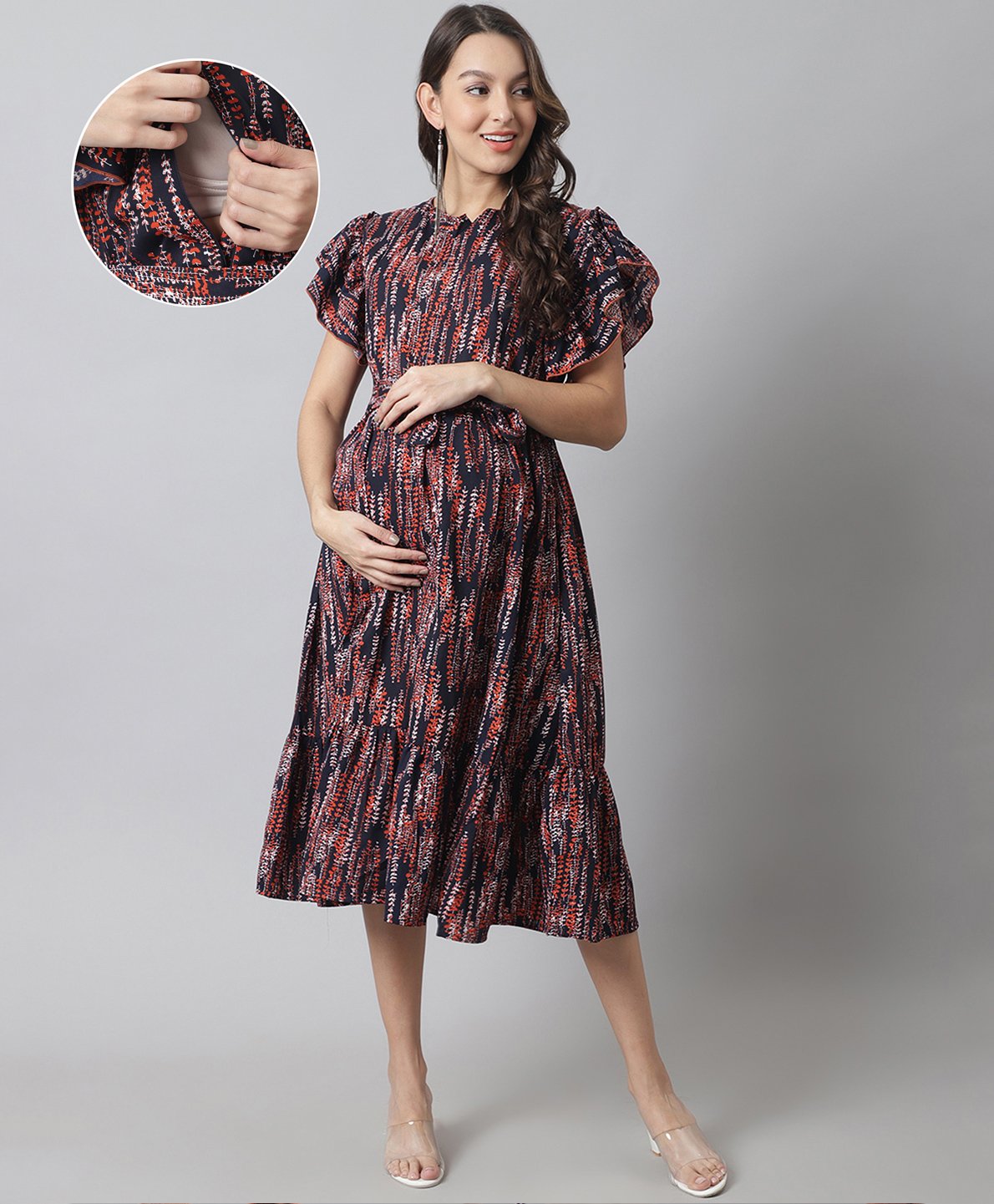 Moms Maternity Half Bell Sleeves Floral Printed Maternity Dress With Nursing Access - Navy Blue-image-34