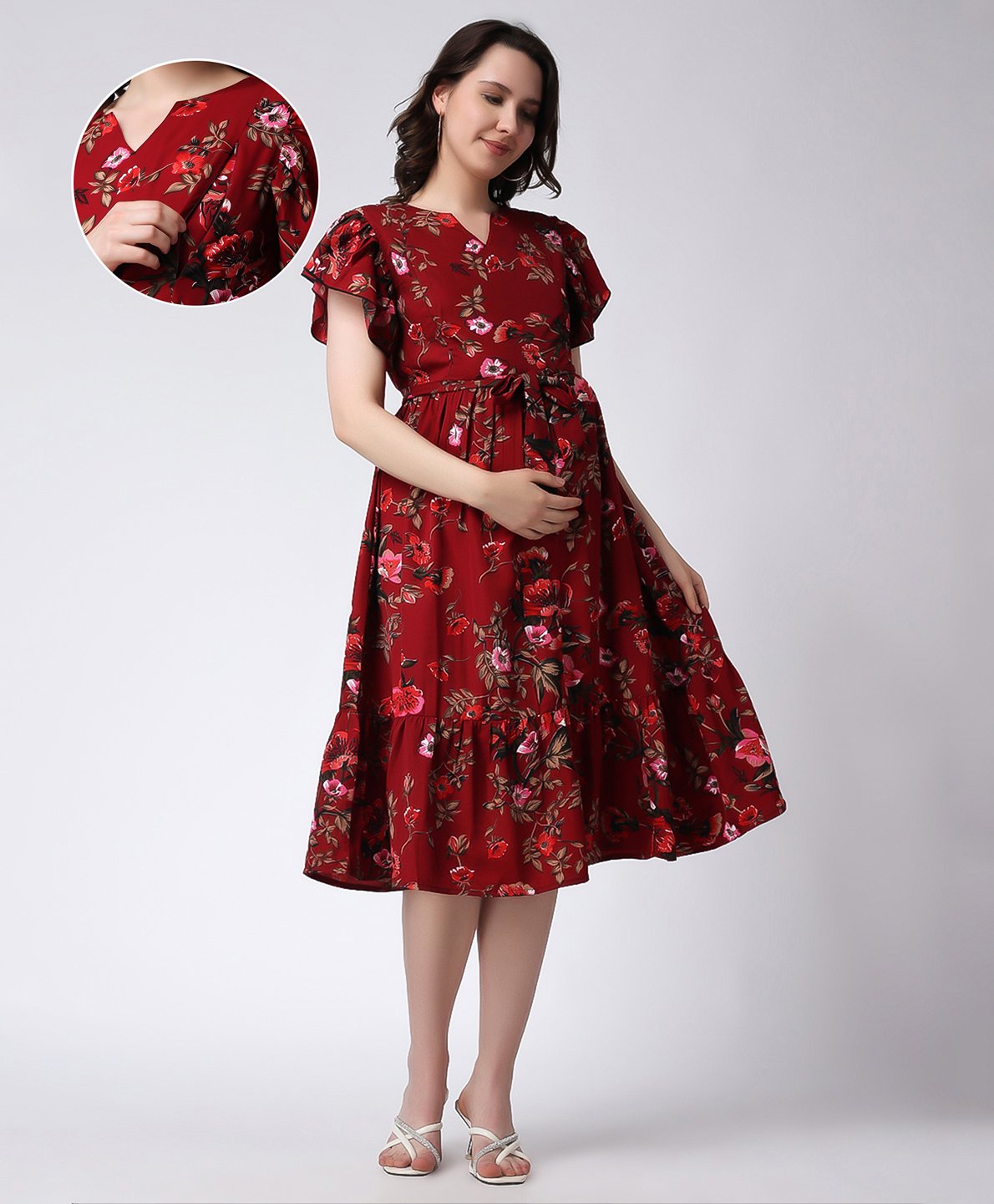 Moms Maternity Half Bell Sleeves Floral Printed Maternity Dress With Nursing Access - Maroon-image-22