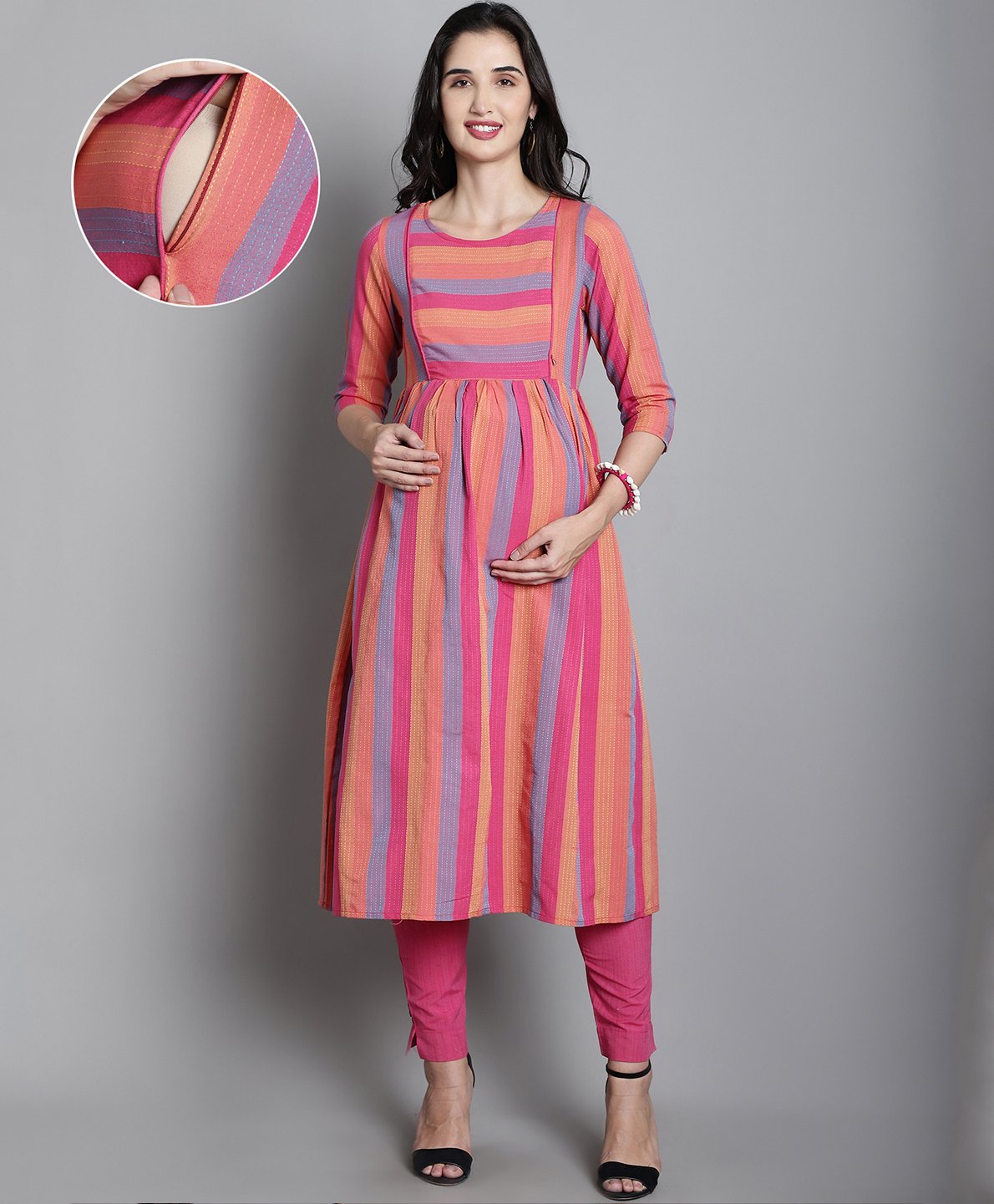 Moms Maternity Cotton Three Fourth Sleeves Striped Maternity Kurta With Nursing Access & Pant Set - Pink-picture-21
