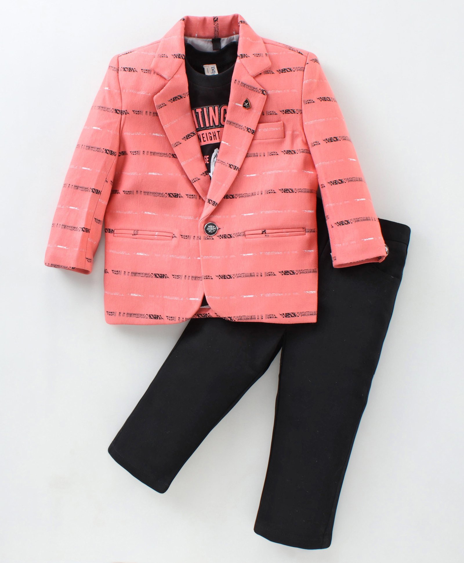 Dapper Dudes Full Sleeves Striped Blazer With Typography Printed Tee & Pant - Peach-picture-21