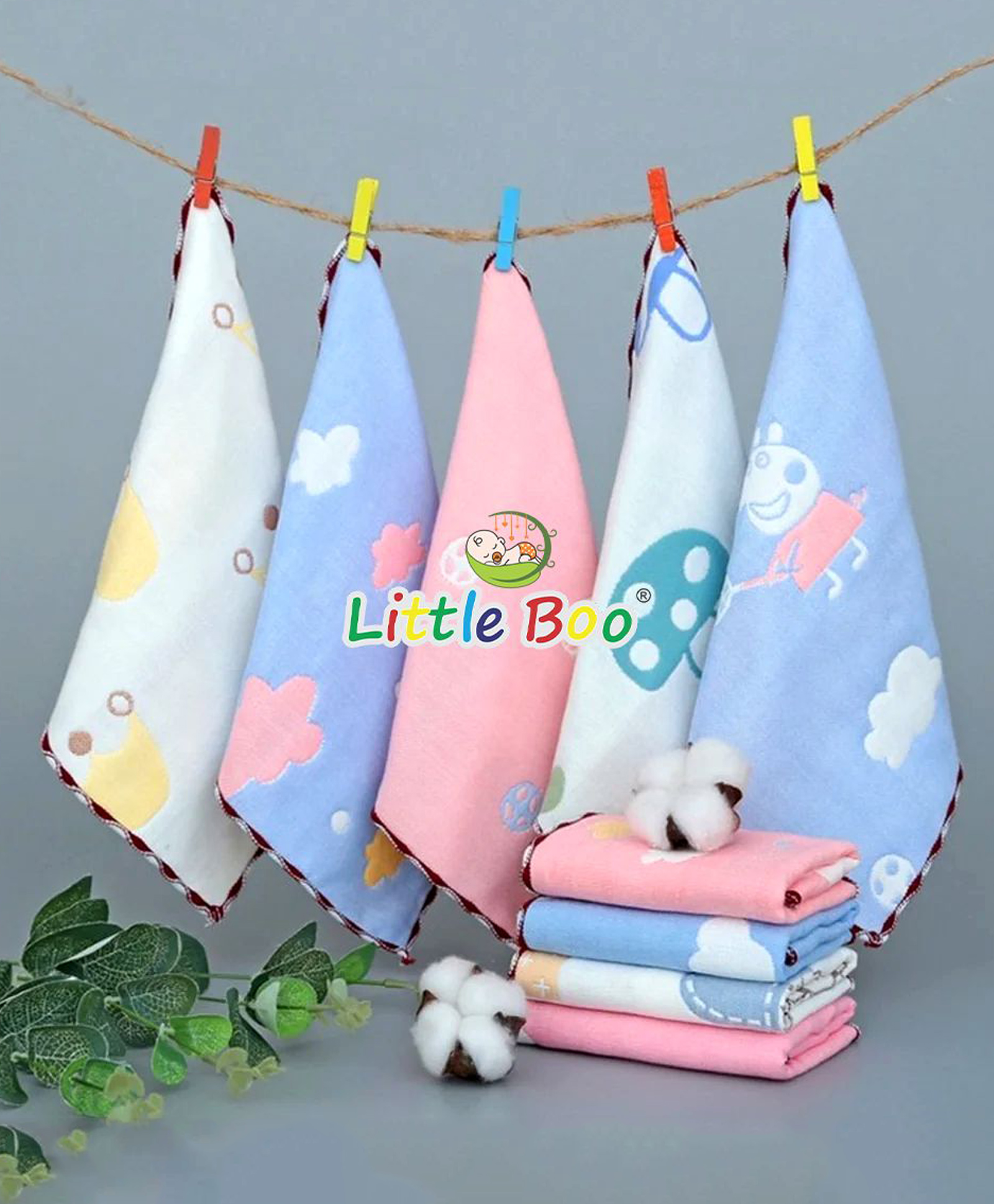 Little Boo Muslin 6 Layer Cotton Face Towels for Newborn Baby Extra Soft Hankies Reusable Napkins for Infants Toddlers/Kids (Pack of 5). Multicolor