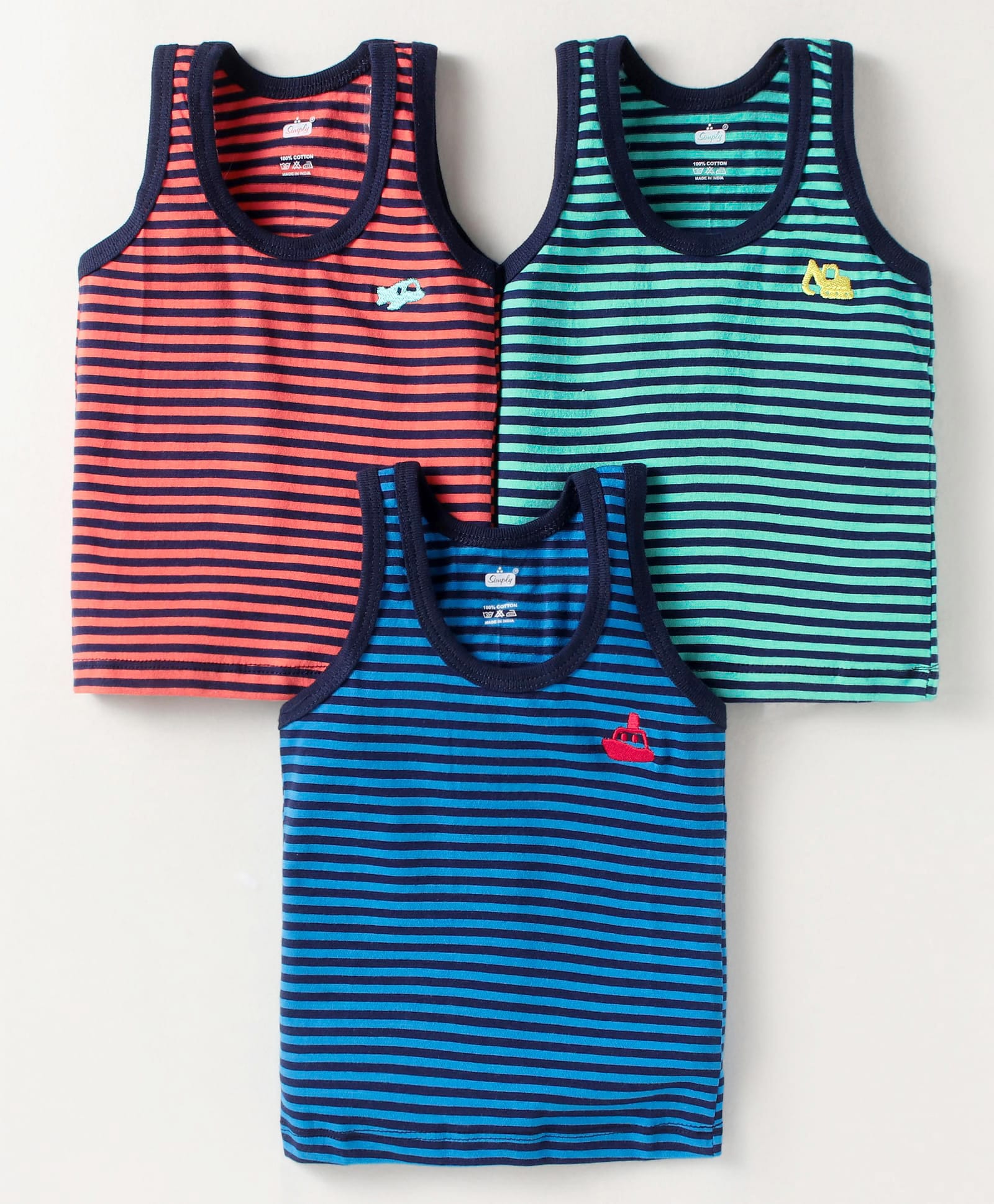 Simply SinkerKnit Sleeveless Vests With Stripes & Vehicle Embroidery Pack Of 3 -Blue Red Green-image-45
