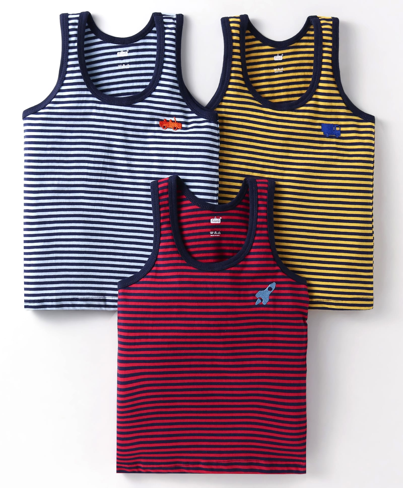 Simply SinkerKnit Sleeveless Vests With Stripes & Vehicle Embroidery Pack Of 3 - Navy Blue Red Yellow-image-24