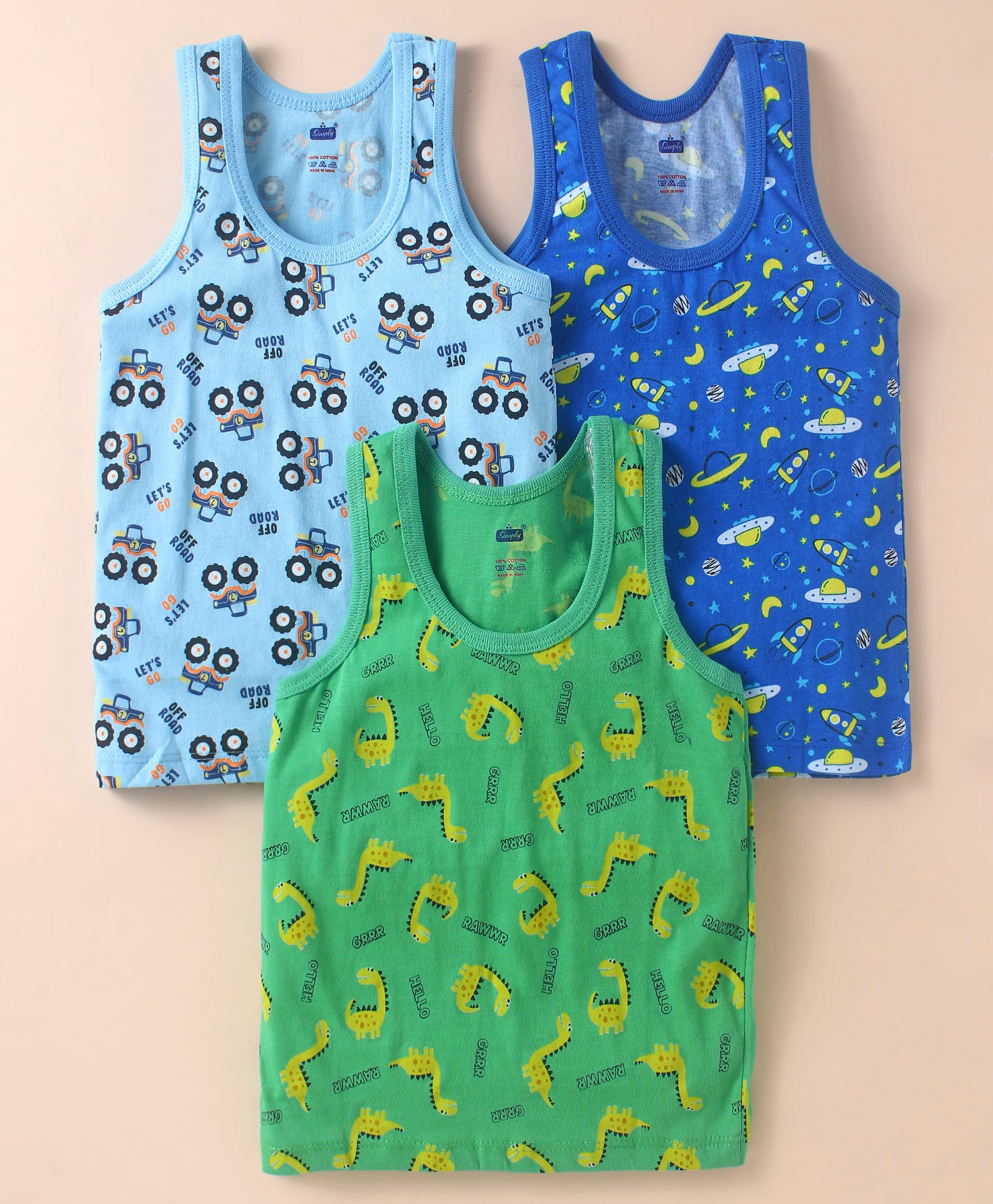Simply Sinker Knit Sleeveless Vests with Vehicle Dino & Space Theme Print Pack of 3 - Blue & Green-picture-37