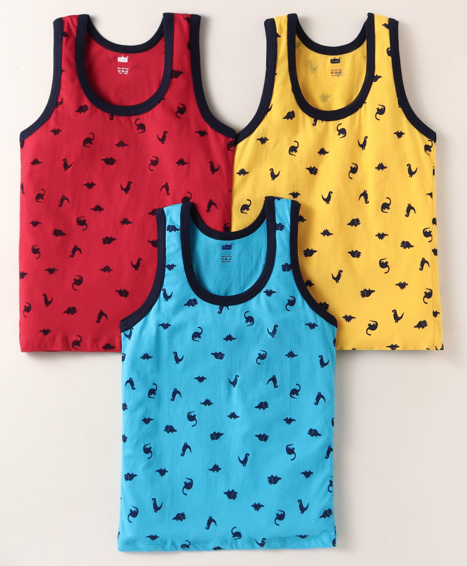 Simply Sinker Knit Sleeveless Vests with Dino Print Pack of 3 - Blue Red & Yellow-image-23