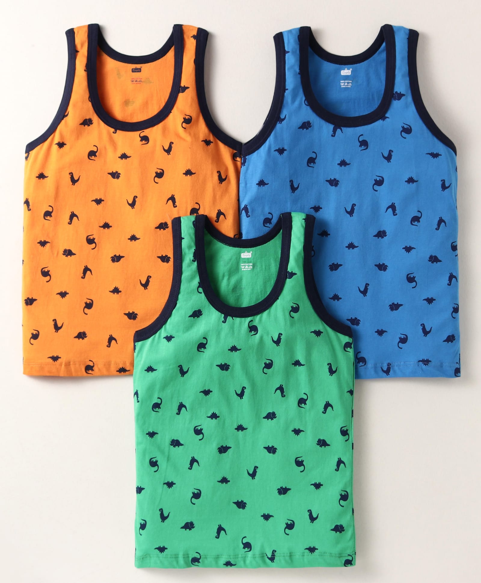 Simply Sinker Knit Sleeveless Vests with Dino Print Pack of 3 - Blue Orange & Green-image-44