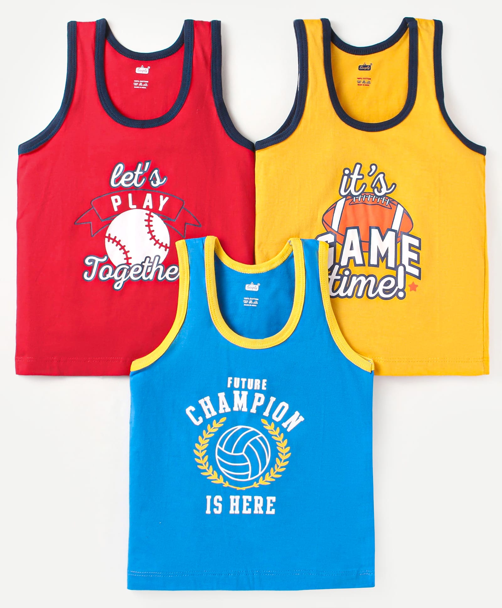 Simply Sinker Sleeveless Vests With Sport Theme Print Pack Of 3 - Blue Red Yellow-picture-16