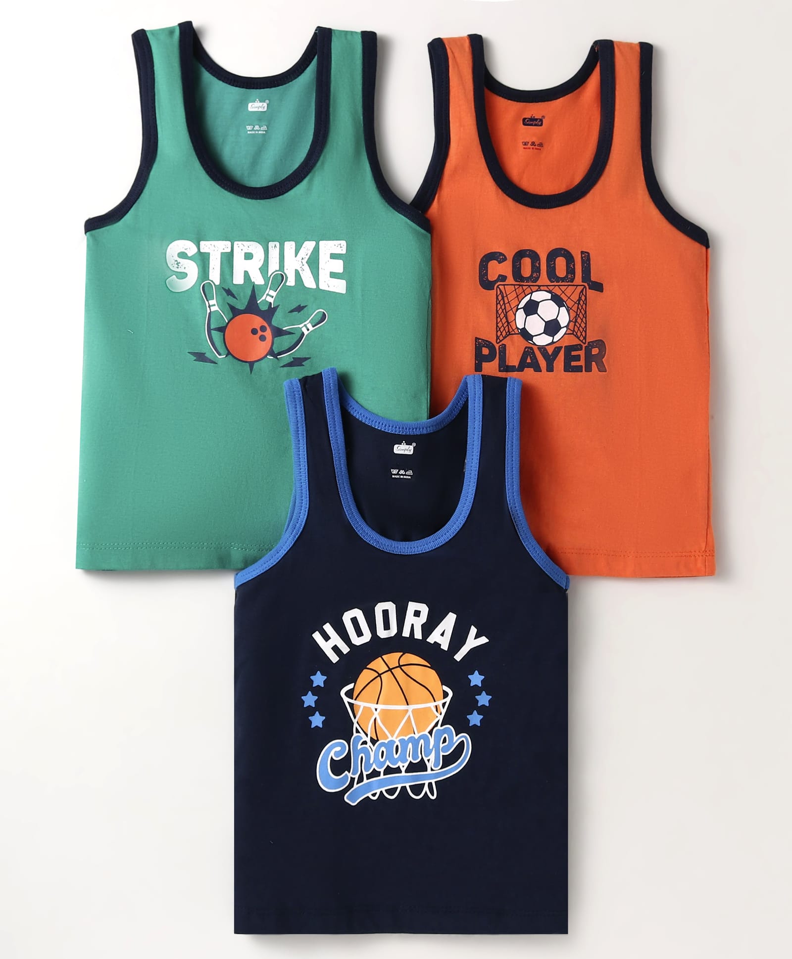 Simply Sinker Knit Sleeveless Vests with Text Print Pack of 3 - Teal Blue Orange & Navy Blue-picture-38