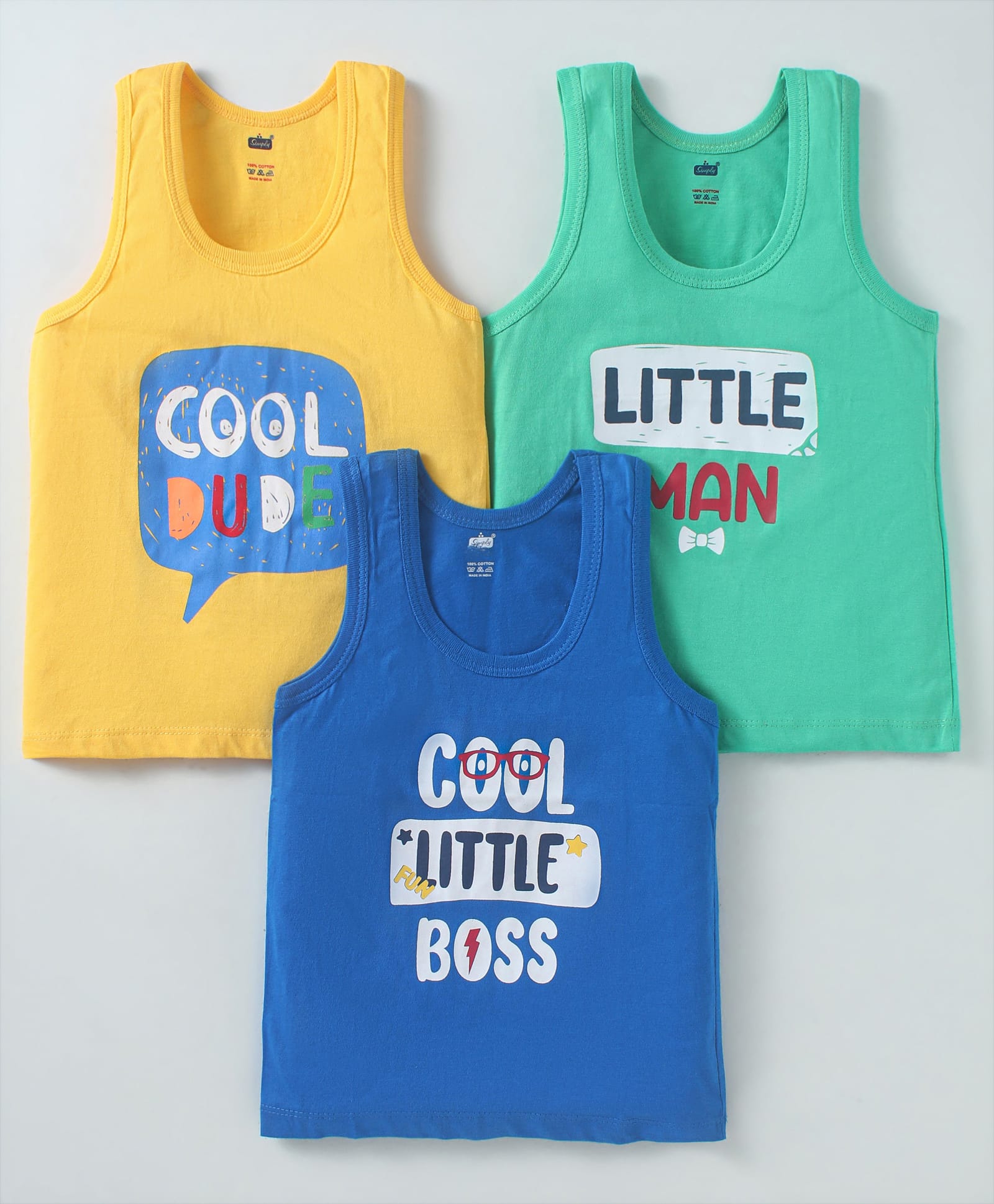 Simply Sinker Knit Sleeveless Vests With Cool Dude Text Print Pack Of 3 - Yellow Blue-picture-35