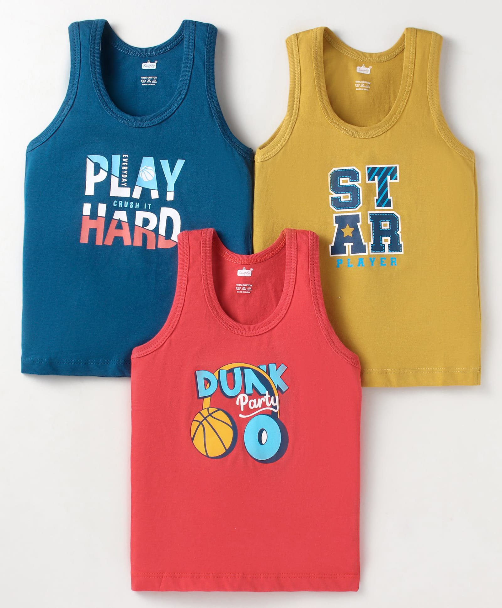 Simply Sinker Knit Sleeveless Vests With Sport Theme & Text Print Pack Of 3 - Red Blue-image-0