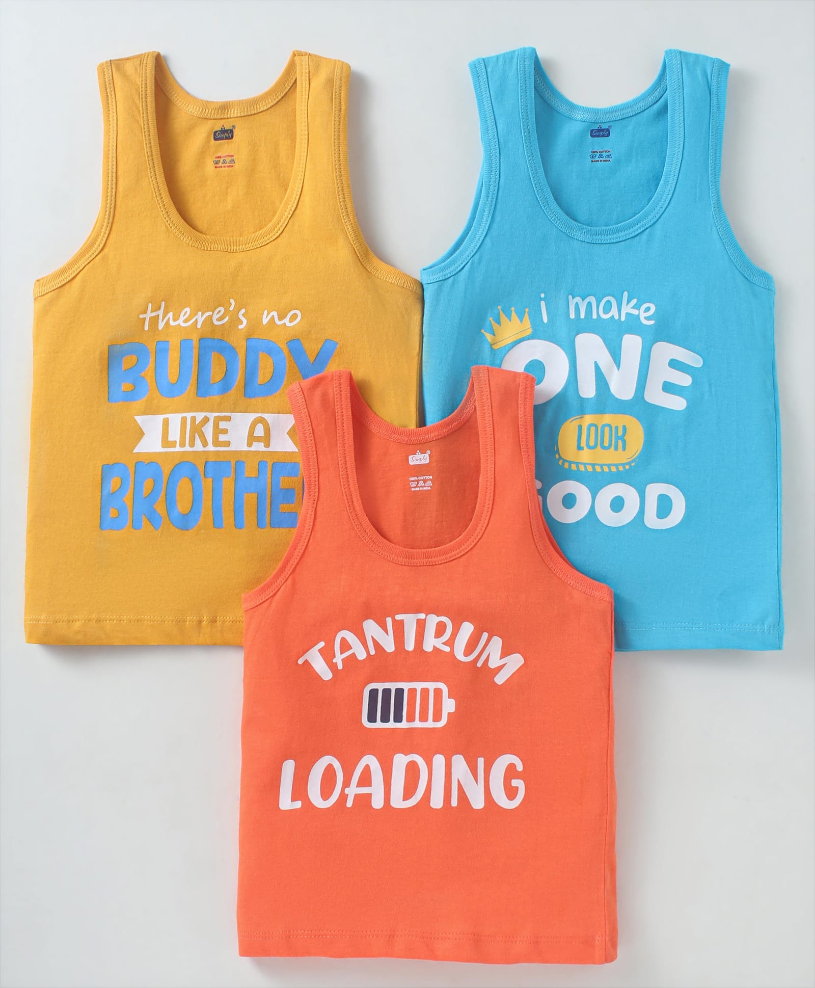 Simply Sinker Knit Sleeveless Vests With Text Print Pack Of 3 - Mustard Orange-picture-30