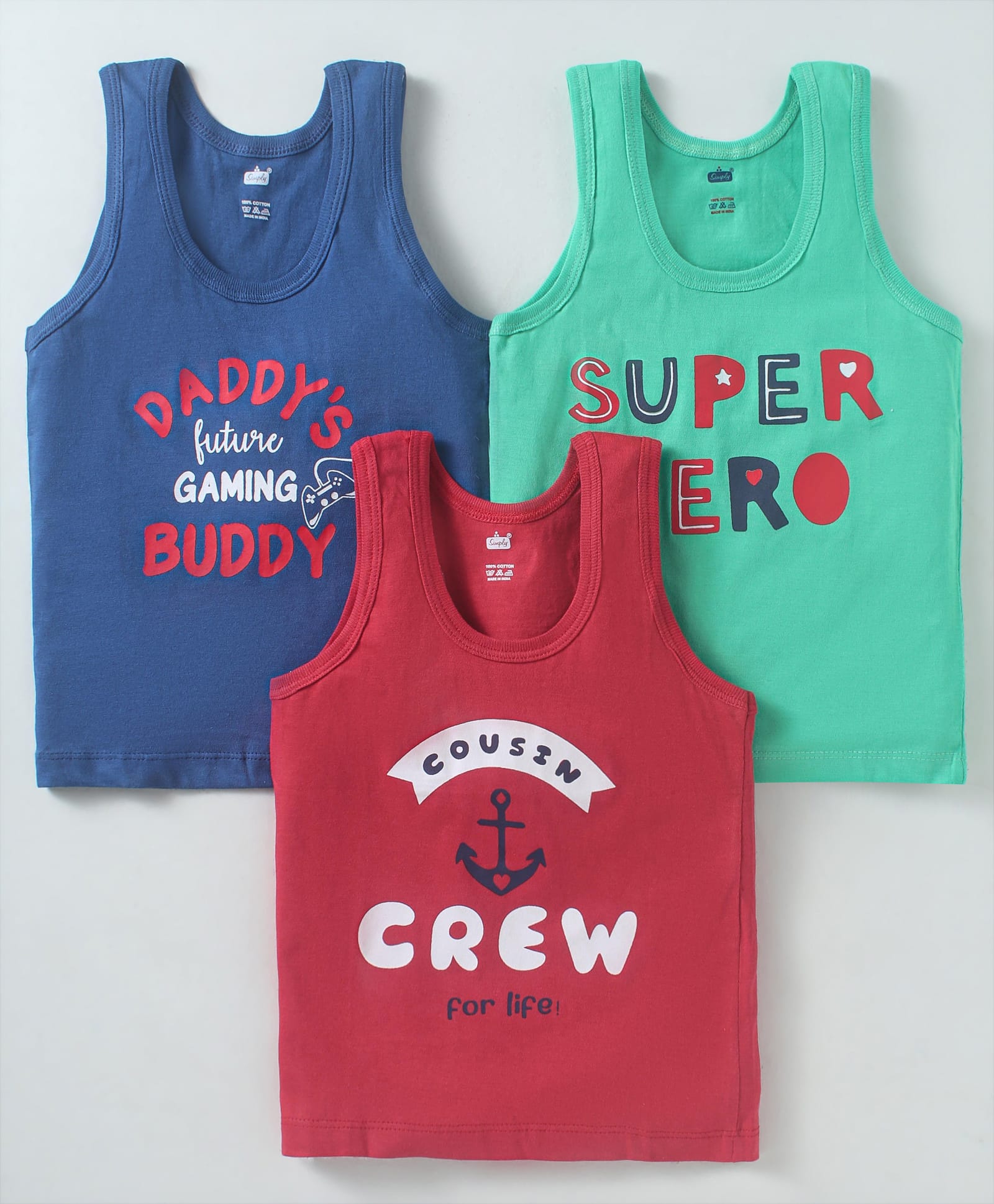 Simply Sinker Knit Sleeveless Vests With Text Print Pack Of 3 - Blue Maroon-image-8