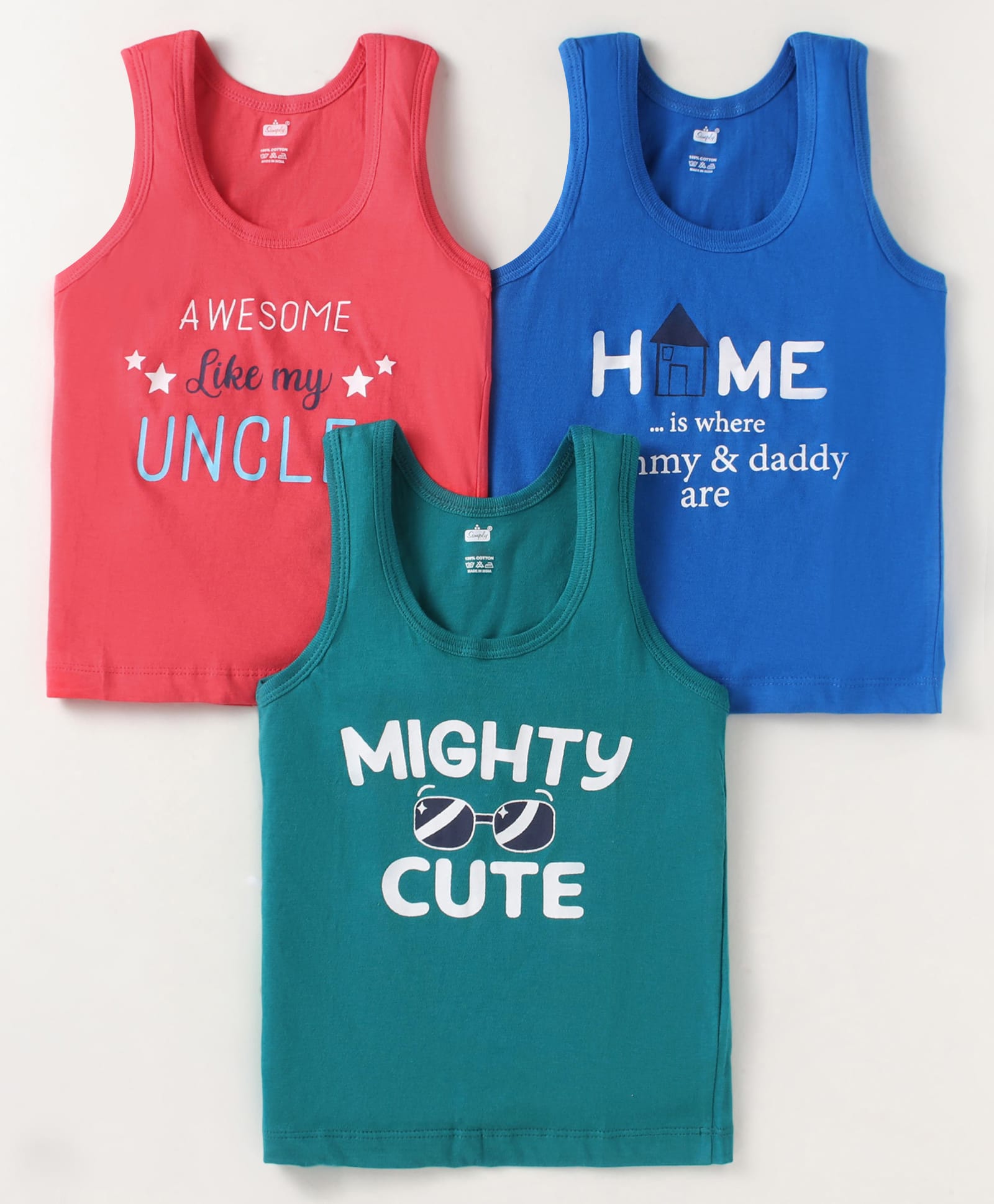 Simply Sinker Knit Sleeveless Vests With Text Print Pack Of 3 - Blue Dark Green-image-38