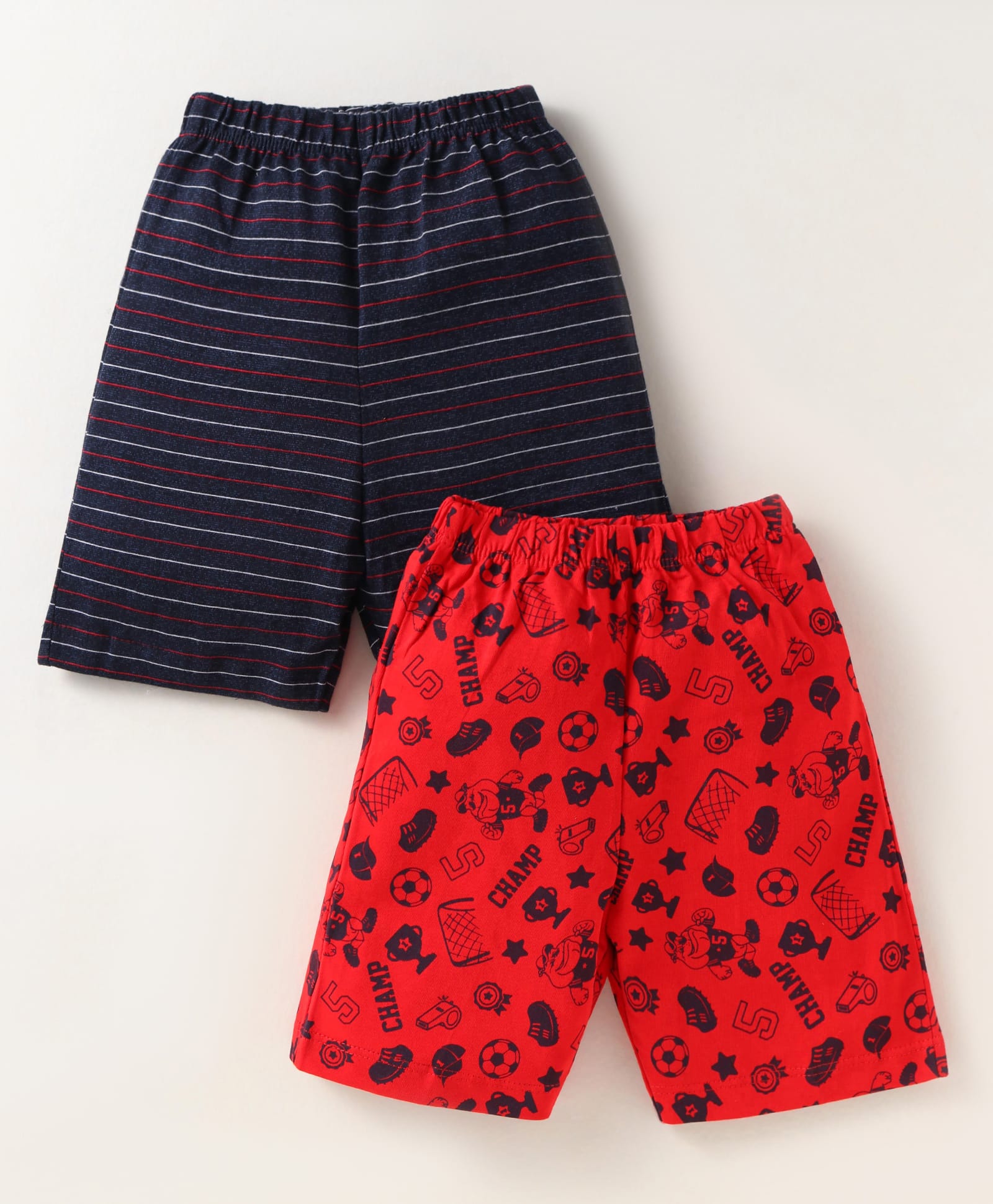 Simply Sinker Knit Above Knee Length Striped Shorts With Sports Theme Print Pack of 2 - Red & Black-image-26