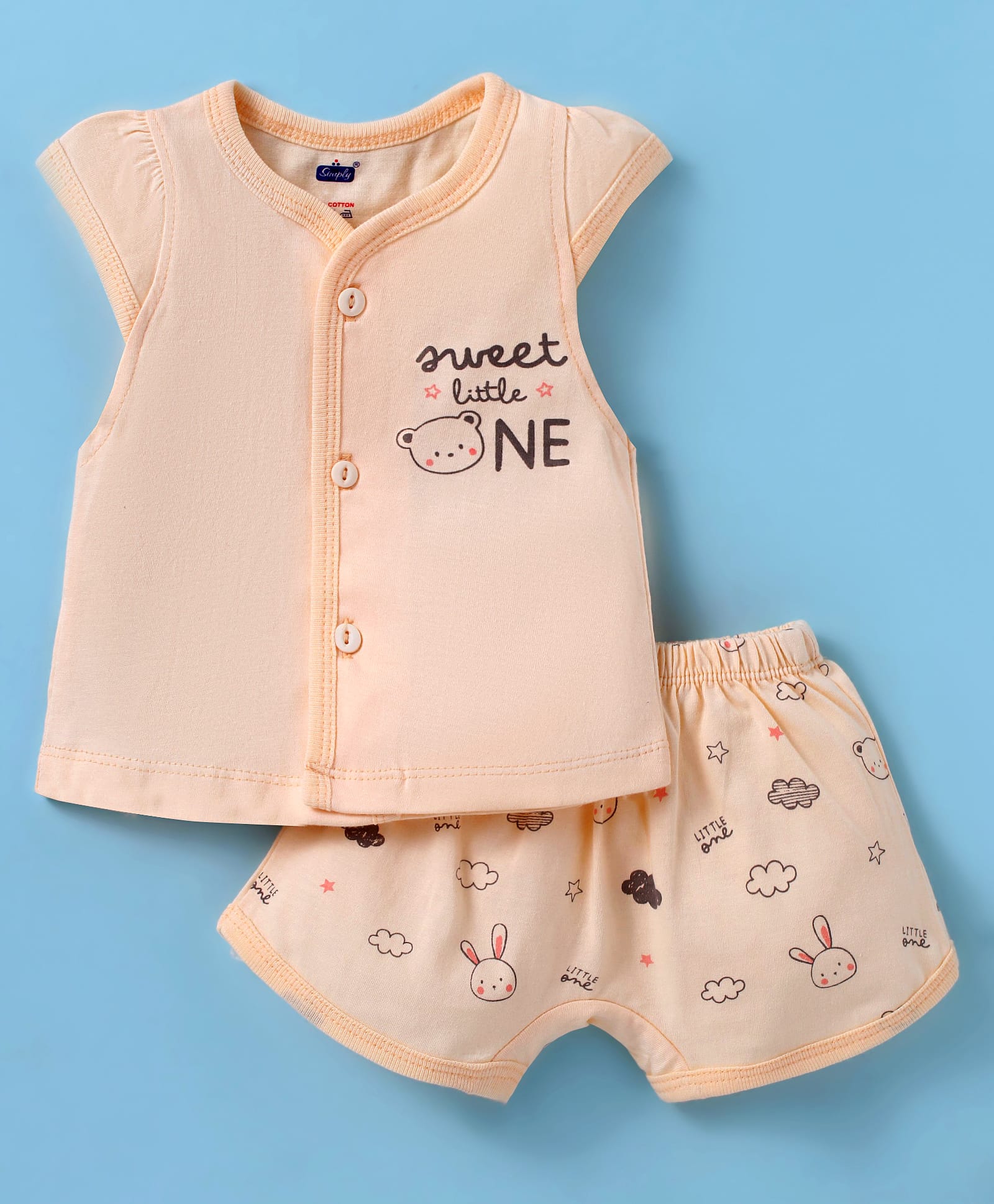 Simply Sinker Knit Cap Sleeves Shorts Night Suit with Bunny & Bear Print - Peach-image-44