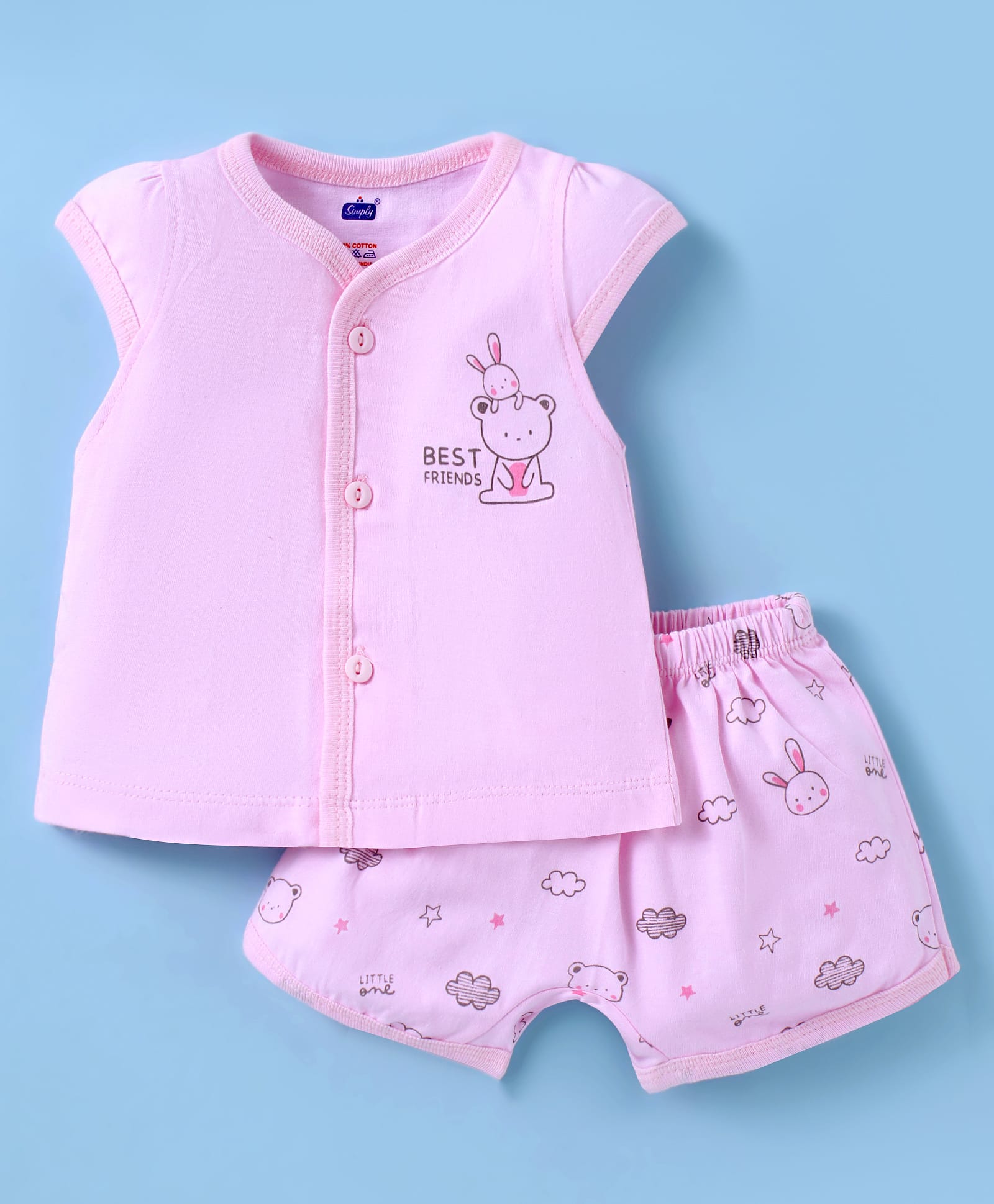 Simply Sinker Knit Cap Sleeves Shorts Night Suit with Bunny & Bear Print - Pink-image-49