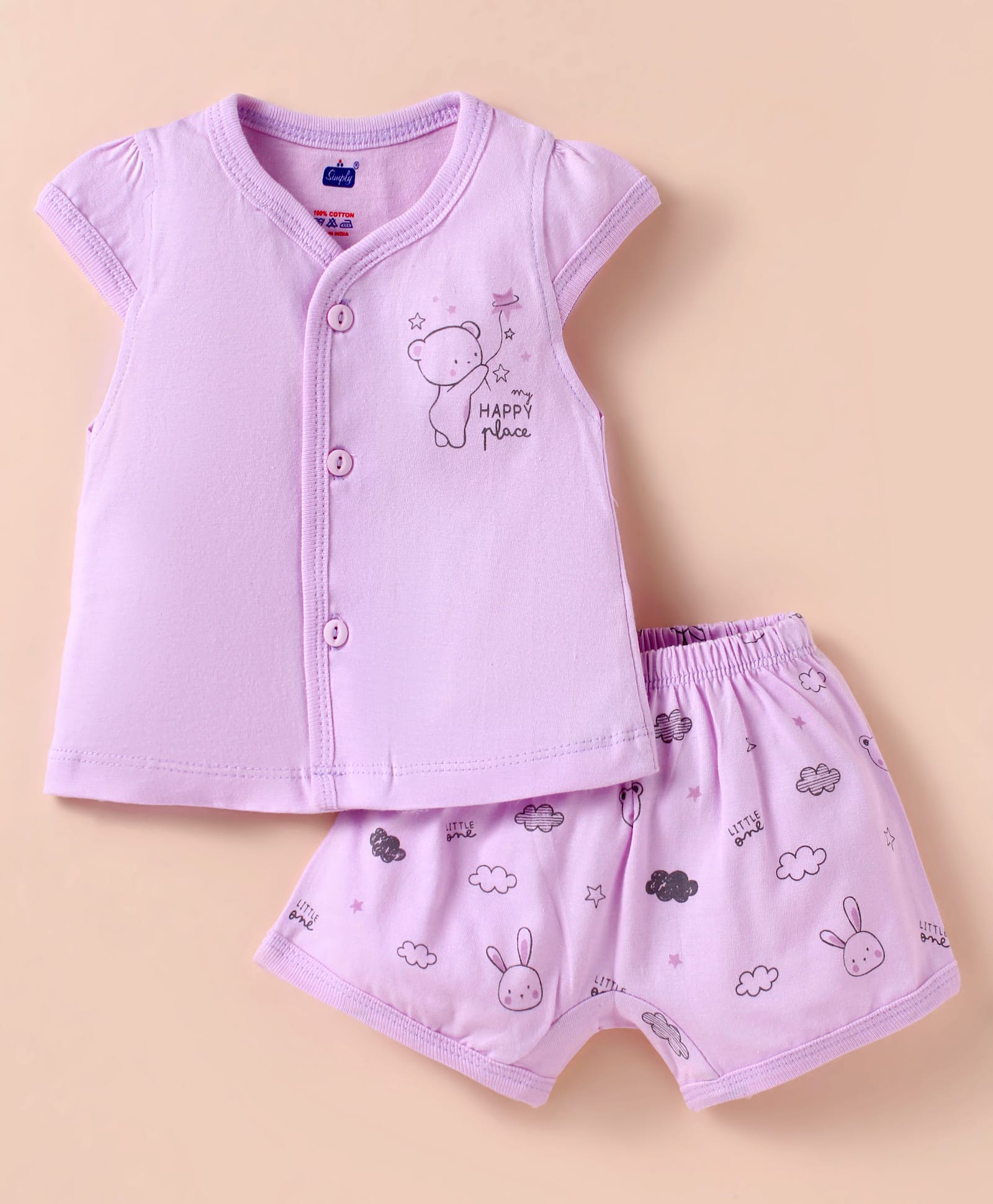 Simply Sinker Knit Cap Sleeves Shorts Night Suit with Bunny & Bear Print - Lilac-image-45