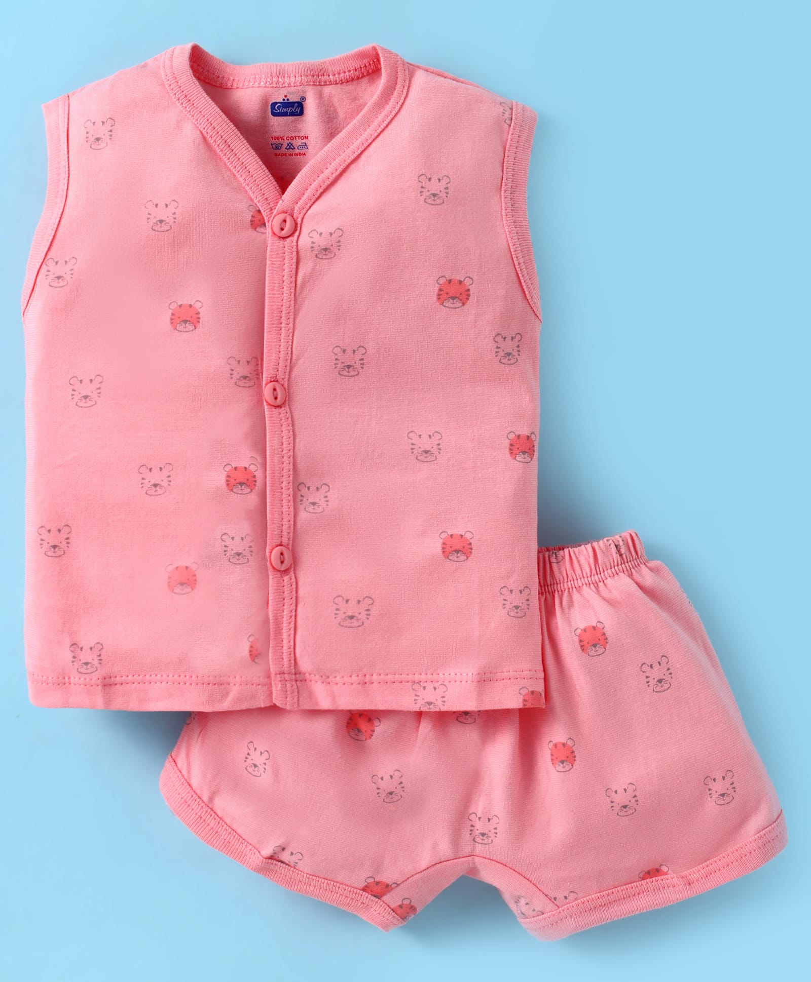 Simply Sinker Knit Sleeveless Shorts Night Suit With Animal Print - Pink-image-8