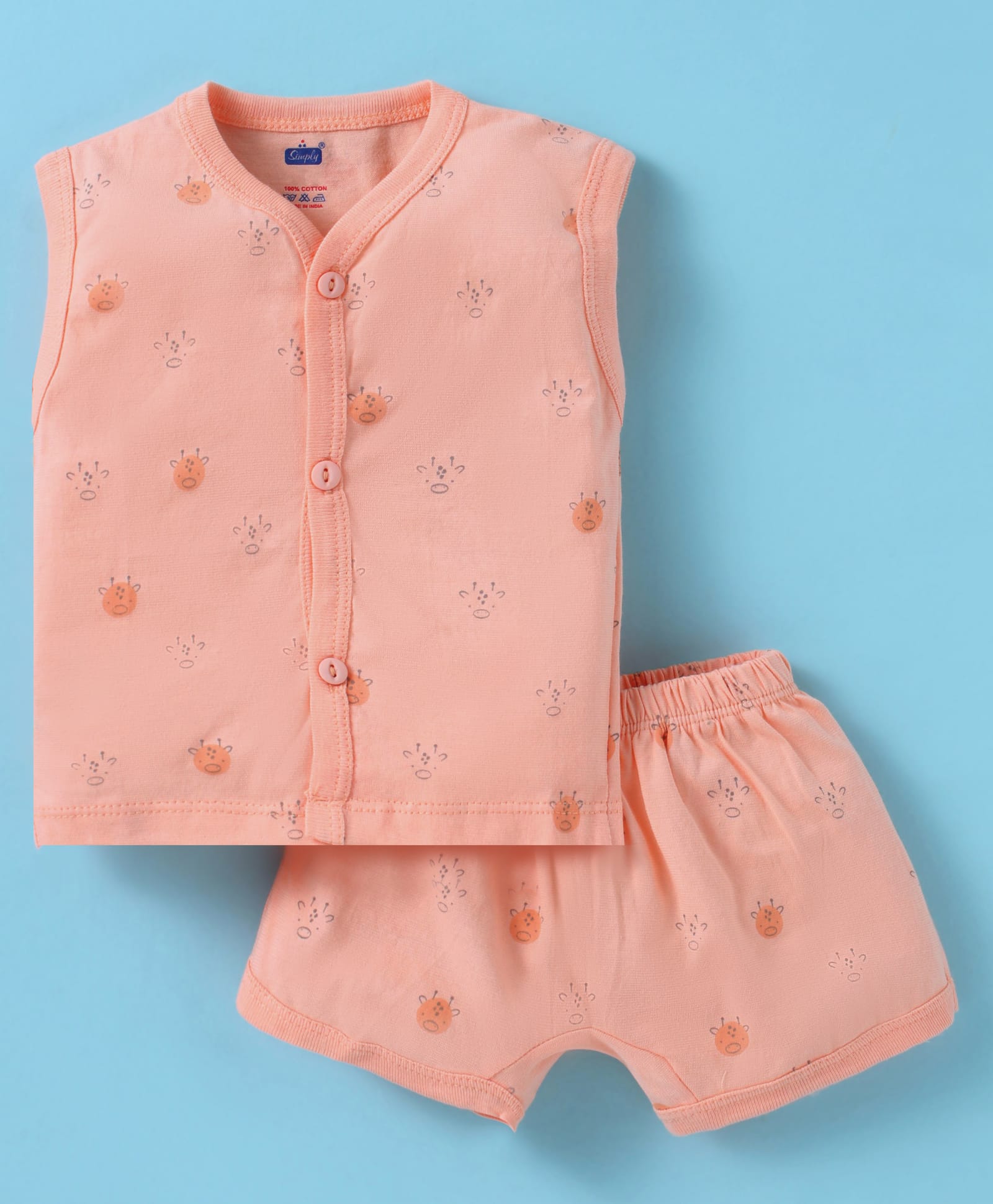 Simply Sinker Knit Sleeveless Shorts Night Suit With Animal Print - Peach-image-14