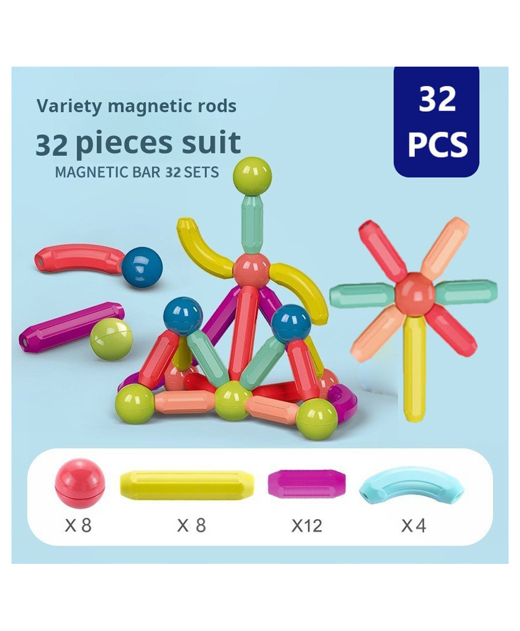 ADKD Premium Magnetic Building Sticks 32 Pieces Toy for Kids | Activity & Education Blocks Toy for Toddlers & Kids | Montessori Learning & Construction Toys- Multicolor-picture-21