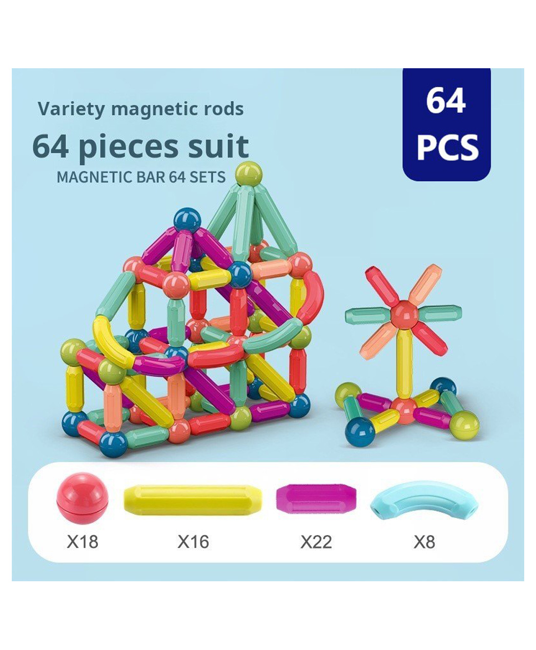 ADKD Premium Magnetic Building Sticks 64 Pieces Toy for Kids | Activity & Education Blocks Toy for Toddlers & Kids | Montessori Learning & Construction Toys- Multicolor-picture-22