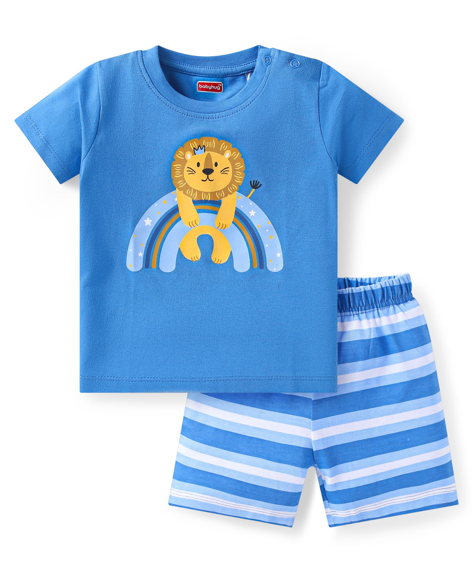 Babyhug Cotton Knit Half Sleeves Shorts Night Suit with Stripes & Lion Print - Blue-picture-33
