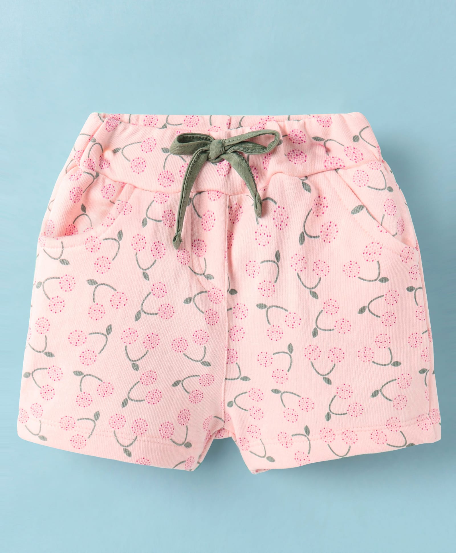 Evimo Single Jersey Knit Knee Length Shorts with Floral Stem Print - Light Pink-picture-34
