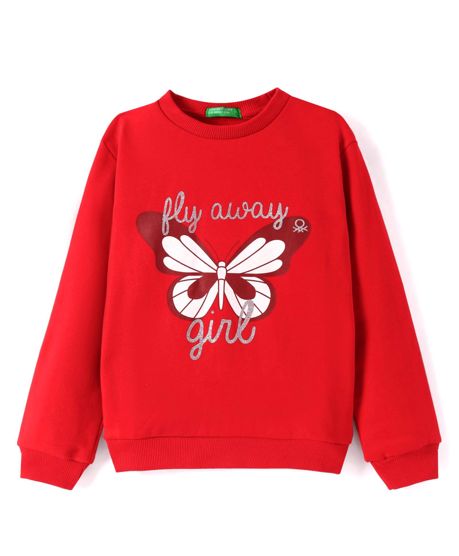 UCB Cotton Knit Full Drop Shoulder Sleeves Sweatshirt with Butterfly & Foil Glitter Print - Red-picture-12