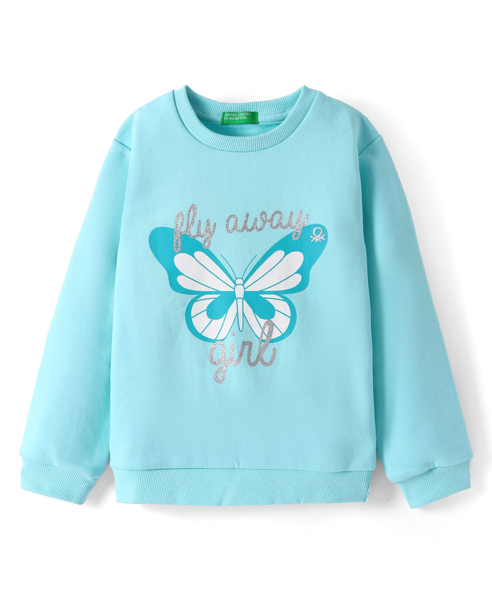UCB Cotton Knit Full Drop Shoulder Sleeves Sweatshirt with Butterfly & Foil Glitter Print - Aqua Blue-picture-15