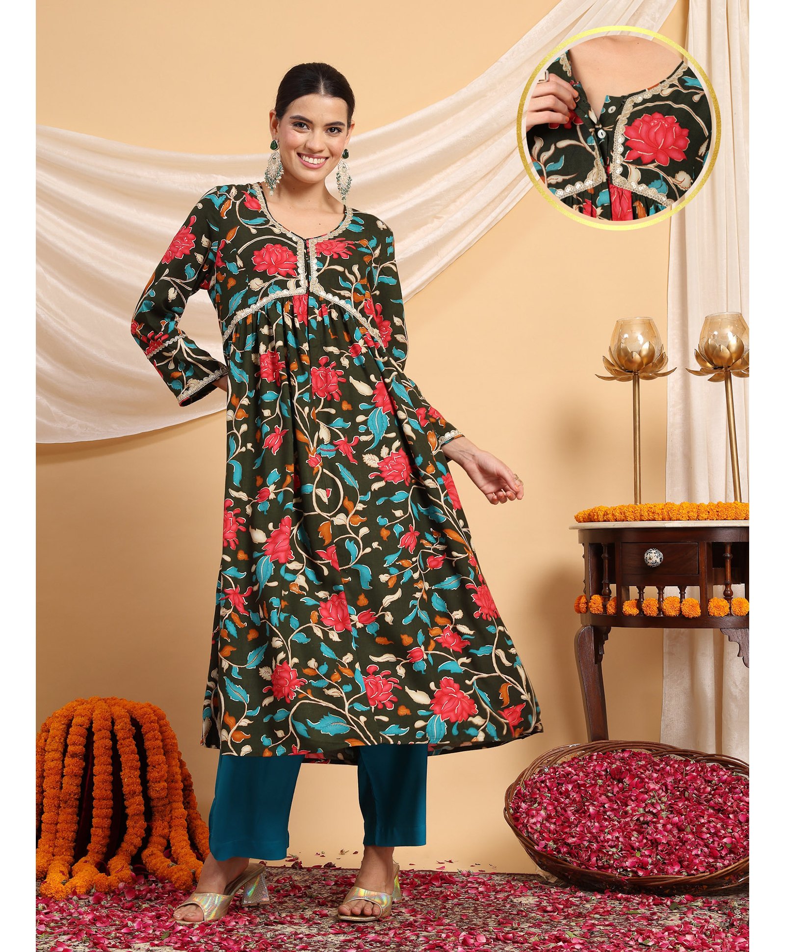 Zelena 100% Rayon Three Fourth Sleeves Floral Printed & Lace Embellished Maternity Kurta With Nursing Access & Salwar Set - Olive Green-image-32