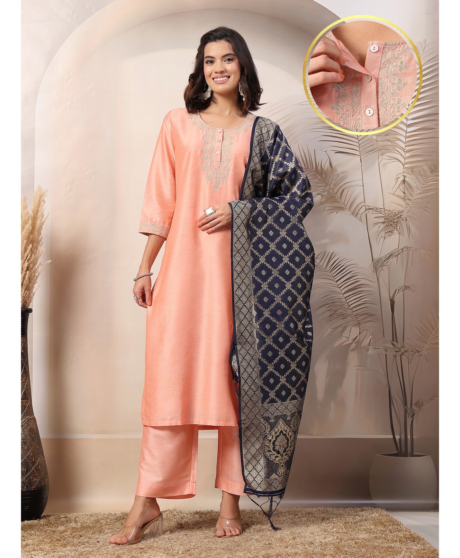 Zelena Three Fourth Sleeves Floral Embroidered & Foil Printed Maternity Kurta With Nursing Access & Salwar With Dupatta Set - Peach-image-14