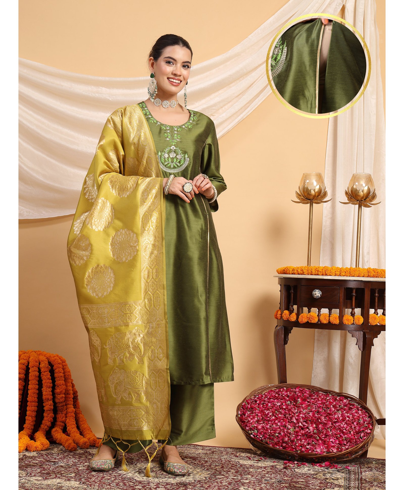 Zelena Three Fourth Sleeves Floral Embroidered Zip Nursing Access Maternity Kurta With Palazzo & Dupatta Set - Olive Green-image-23