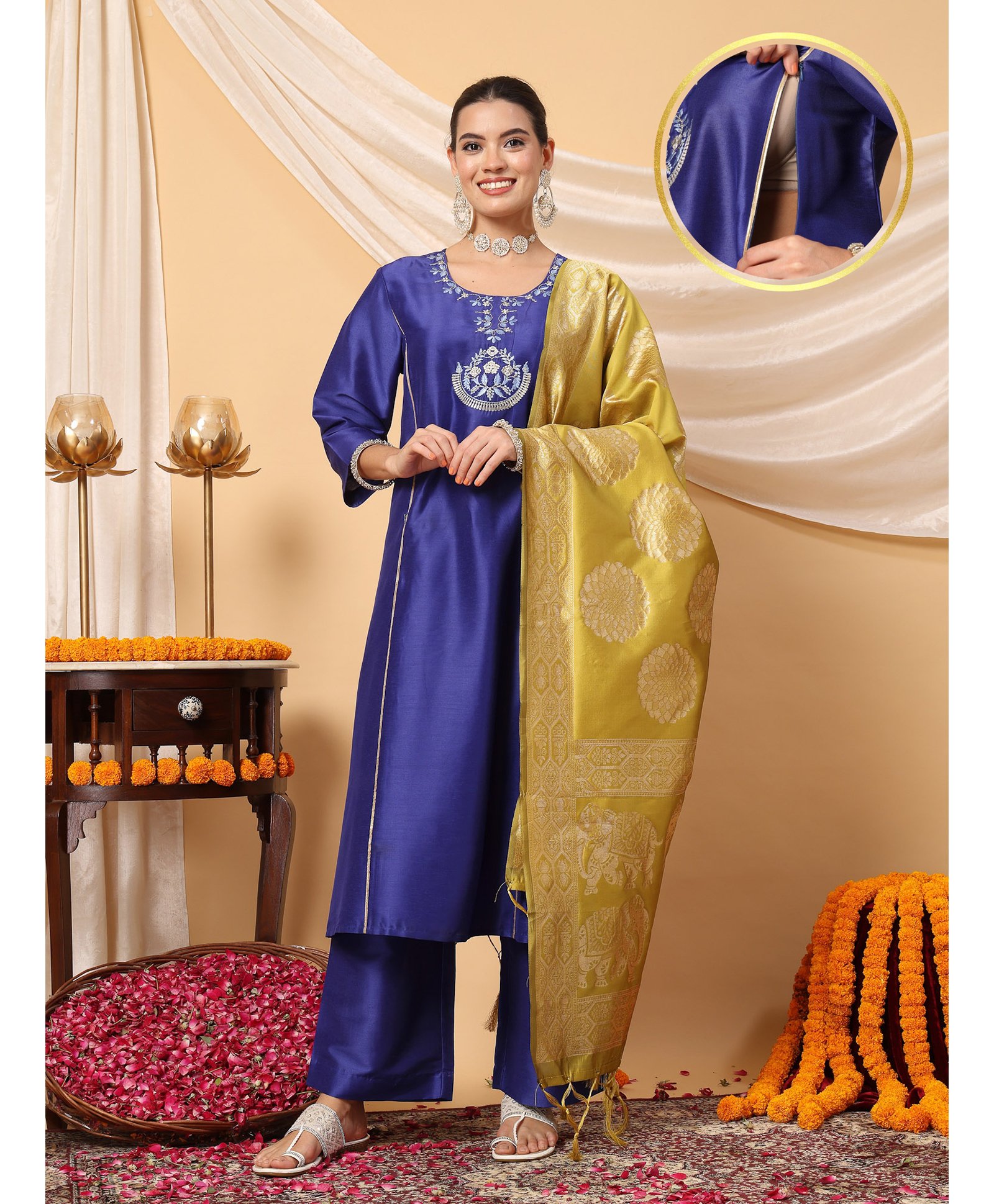 Zelena Three Fourth Sleeves Floral Embroidered Zip Nursing Access Maternity Kurta With Palazzo & Dupatta Set - Blue-image-15