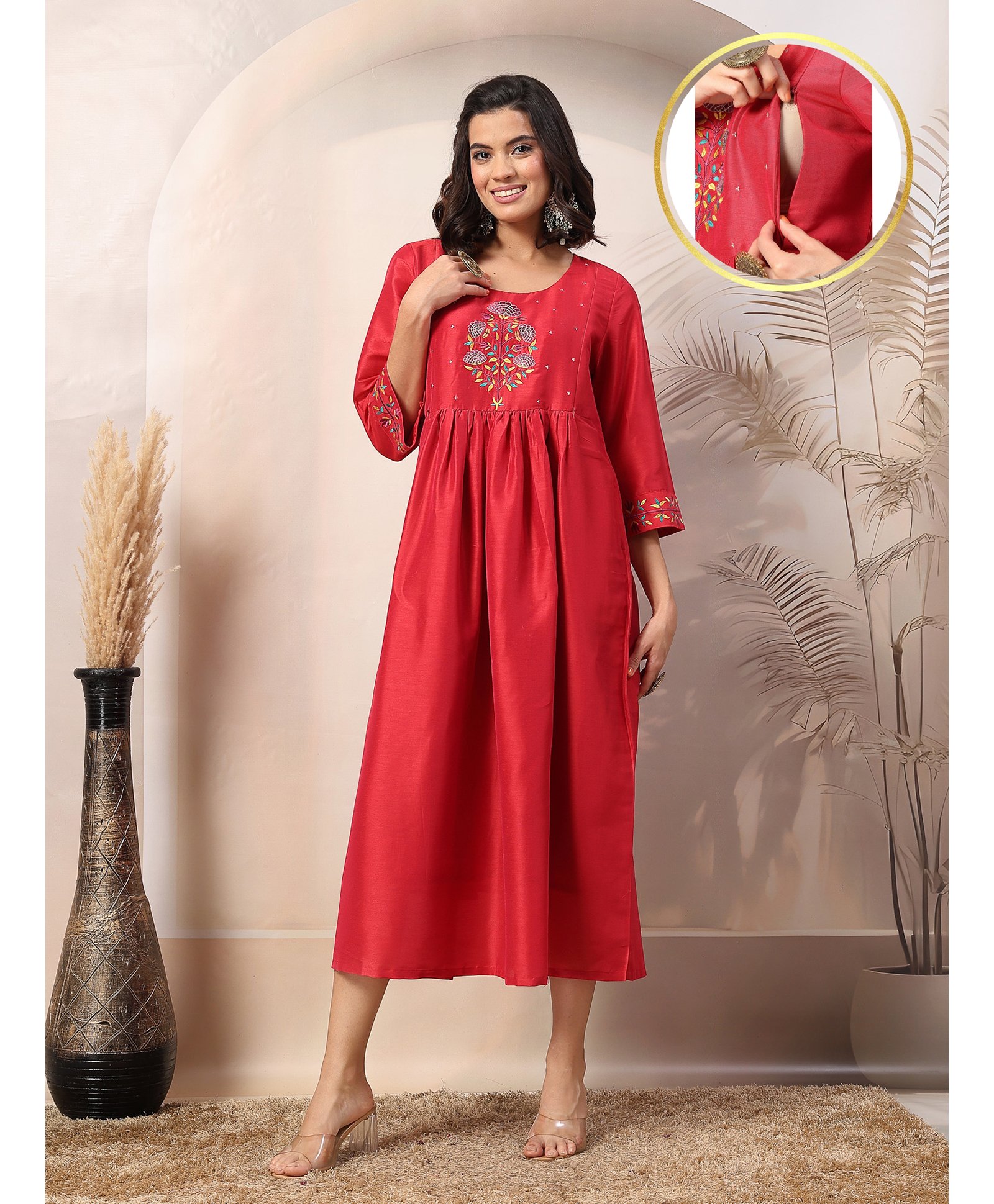 Zelena Three Fourth Sleeves Floral Embroidered Maternity Dress With Zip Nursing Access - Red-picture-28