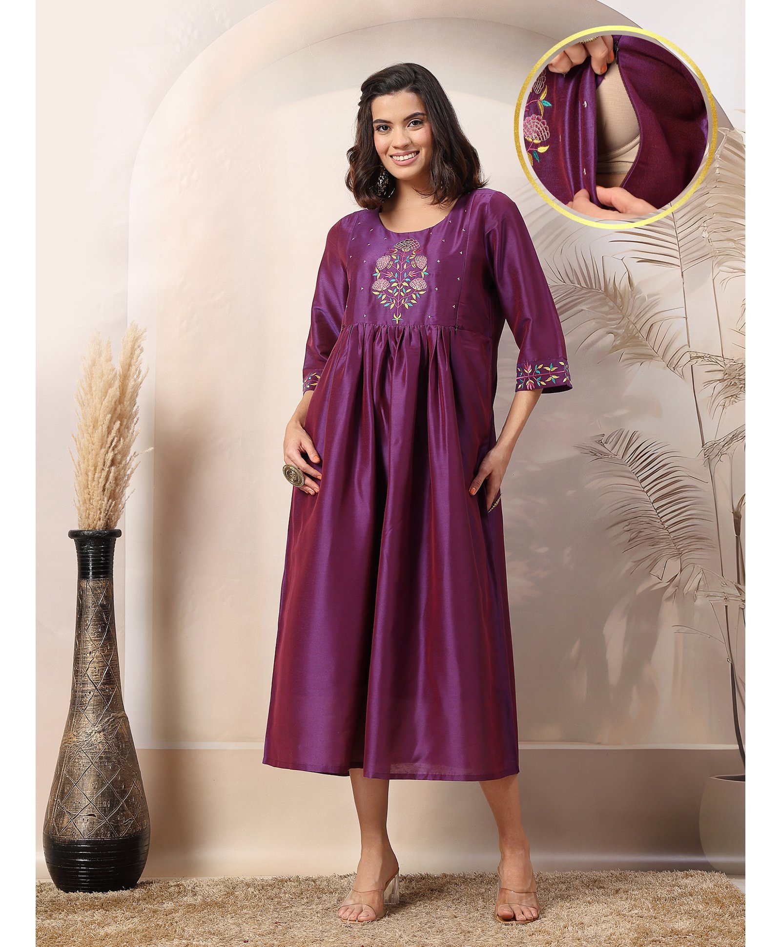 Zelena Three Fourth Sleeves Floral Embroidered Maternity Dress With Zip Nursing Access - Purple-image-35