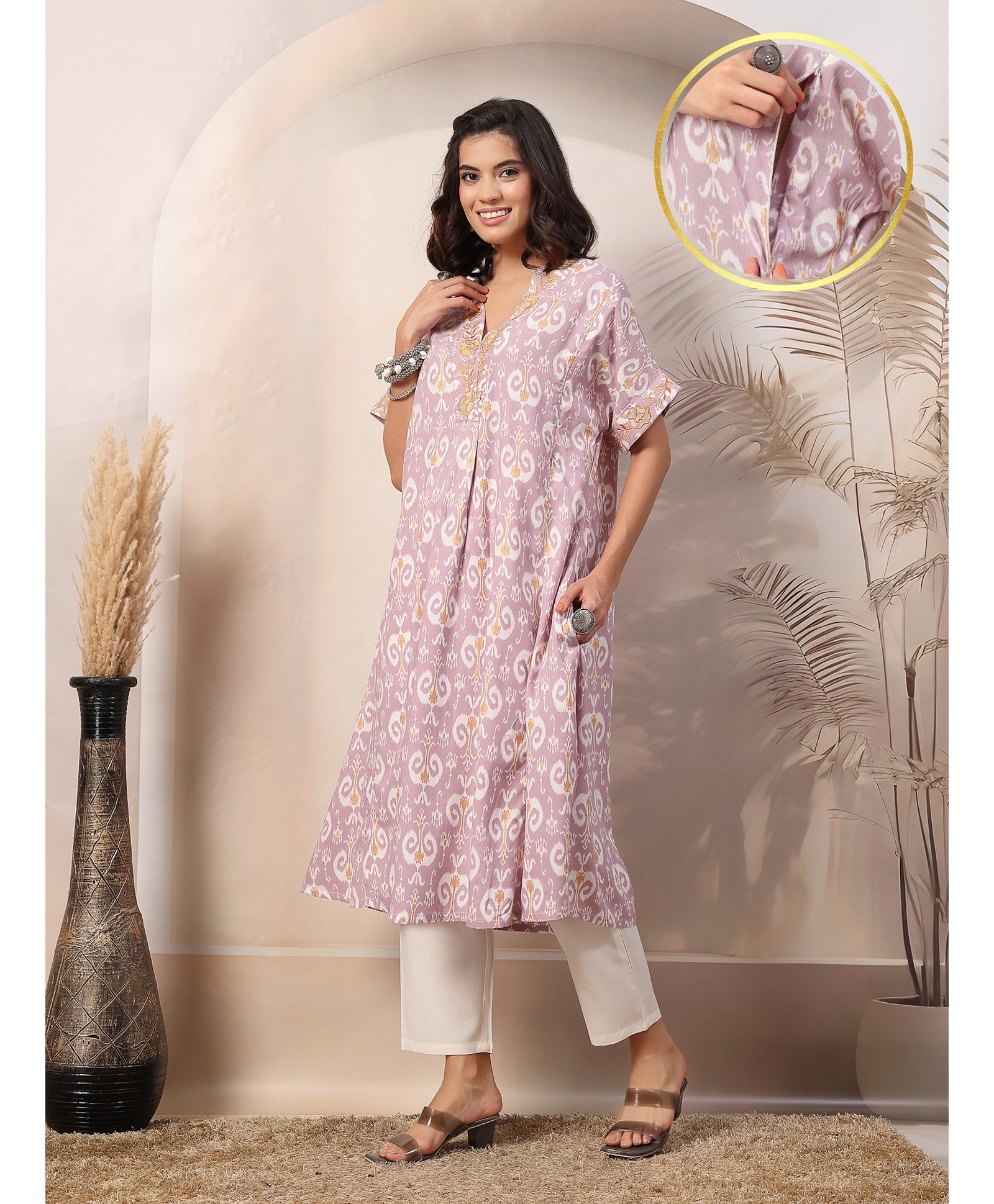 Zelena 100% Rayon Half Sleeves Ethnic Motif Printed Maternity Kurta With Zip Nursing Access & Salwar Set - Lavender & White-image-48
