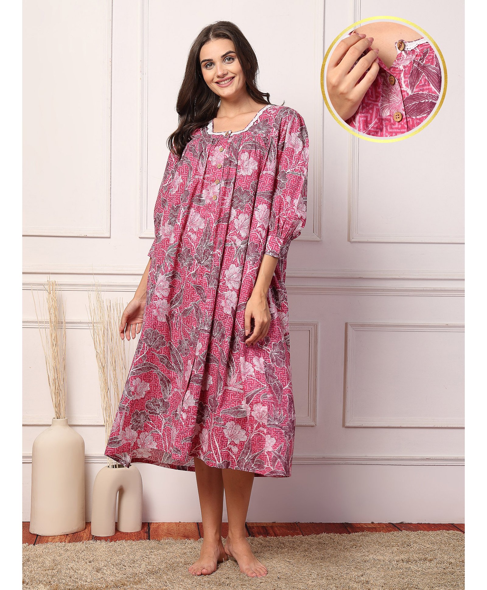 Zelena 100% Cotton Three Fourth Sleeves Floral Printed Maternity Dress With Nursing Access - Pink-image-24