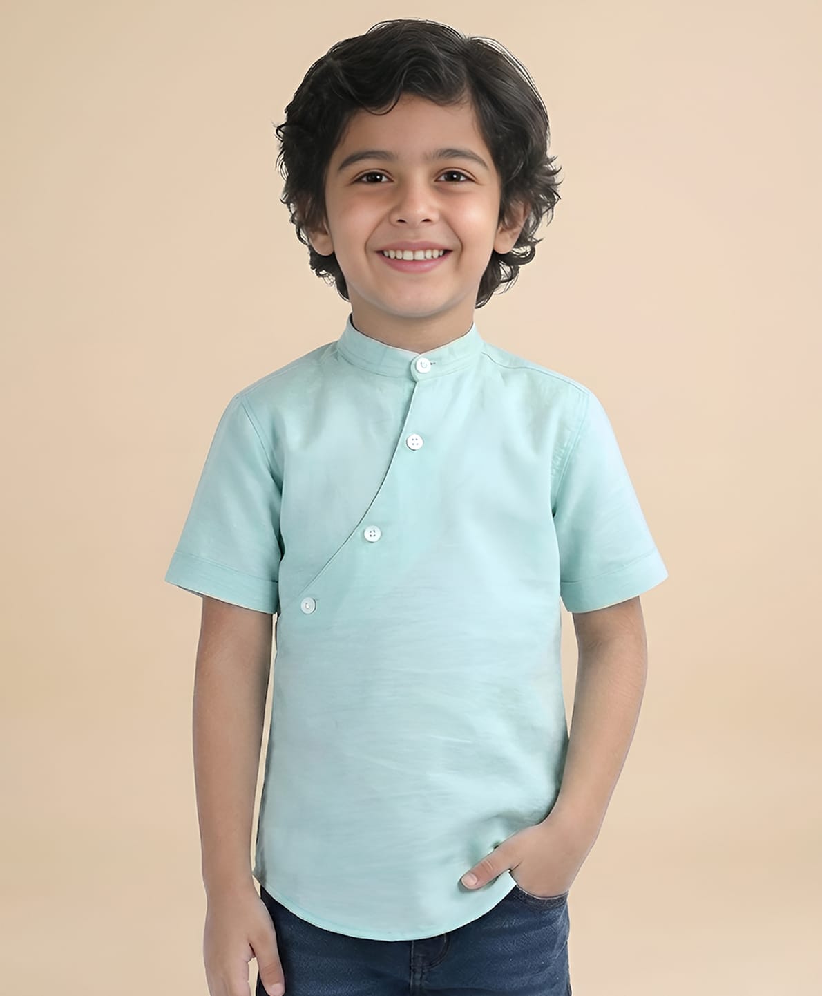 Polka Tots Half Sleeves Solid Kurta - Aqua Blue-image-3