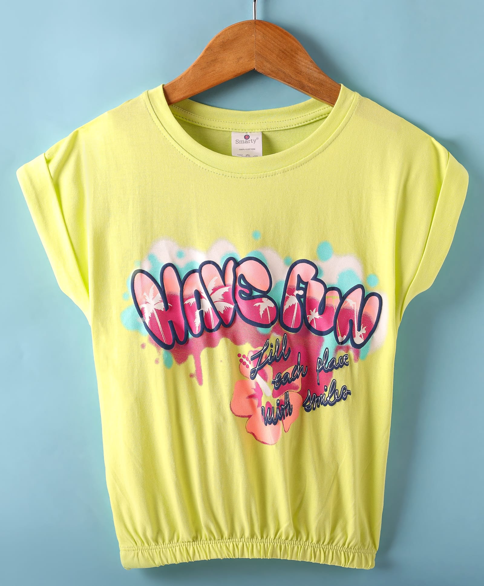 Smarty Girls Cotton Knit Half Sleeves Top with Have Fun Text Print -Limegreen-image-19